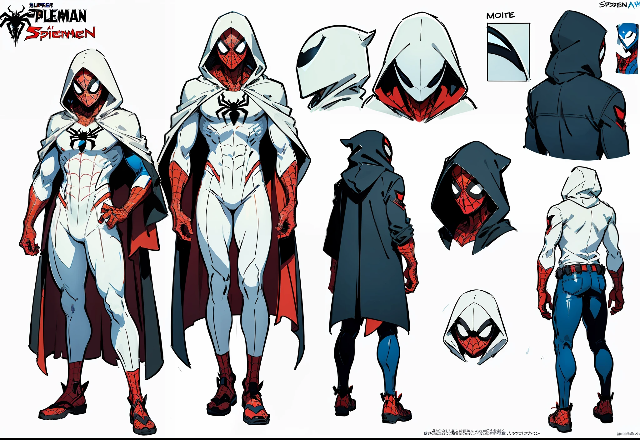 ((super detailed)),(((best quality))),(Character design sheet), ((same character front, side, back)) anime style. (1 character), Spiderman+moon knight, for a concept art sheet character, (strong body), (spiderman white color mask, White Hood).
costume: a white cape with red webbing details,
spiderman costume in white with details and mix of moon knight costume,
A spider on the chest similar to the one in the Spider-Man costume in black.