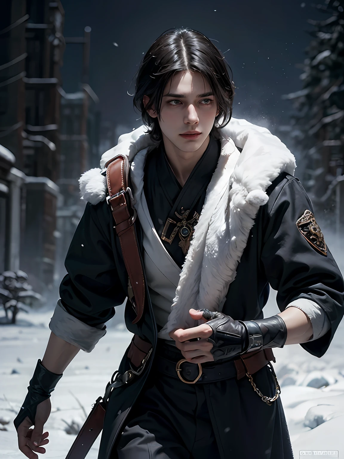 (More than half body), 1man, king of Frost, solo focus, adult, pale and young adult face, short black hair, black silk robe, realistic, dynamic pose realistic, detailed and correct facial structure, snow falling, strolling in his realm, slightly smirk, blades ornaments, frost mountain, LEON S. KENNEDY, handsome, attractive, slightly muscular, cinematic lighting, unreal engine, trending on ArtStation, intricate details, masterpiece, best quality, by Irakli Nadar, Greg Rutkowski,(((best quality))),(((ultra detailed))),(((masterpiece)))