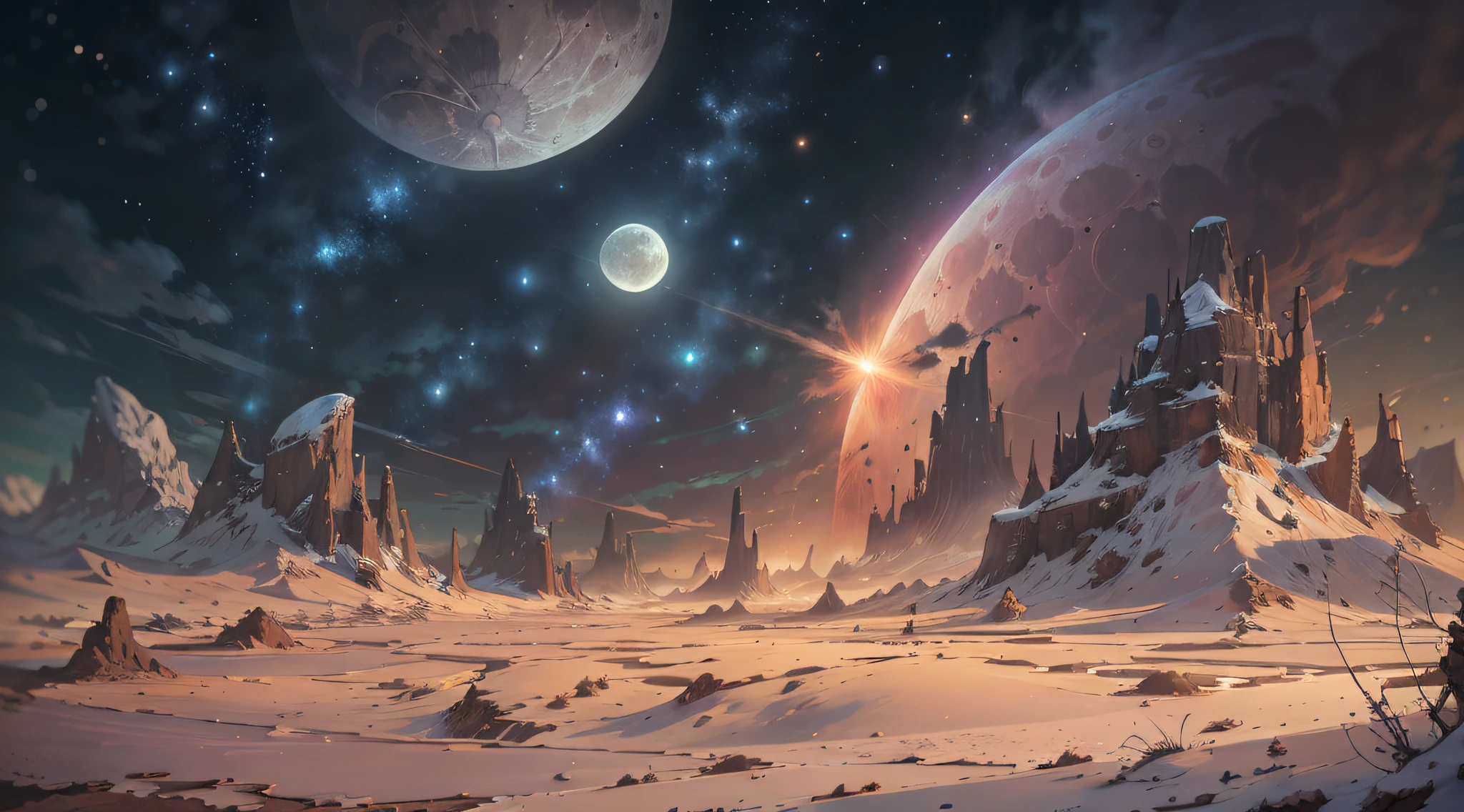 Expansive landscape photography, (See below.), Above is the sky, Below is an open field), (Full Moon: 1.2), (Meteor: 0.9), (Nebula: 1.3), distant mountain, BREAK tree making art, (Warm light source: 1.2), (Firefly: 1.2), lights, Very purple and orange, complicated detail, volume lighting, BREAK realism (Masterpiece: 1.2), (best quality), Ultra-detailed, RAWExtremely detailed, Colorful details,  (Rainbow colors: 1.2), (bright lighting, atmospheric lighting), Dreamlike, Magical, 4k