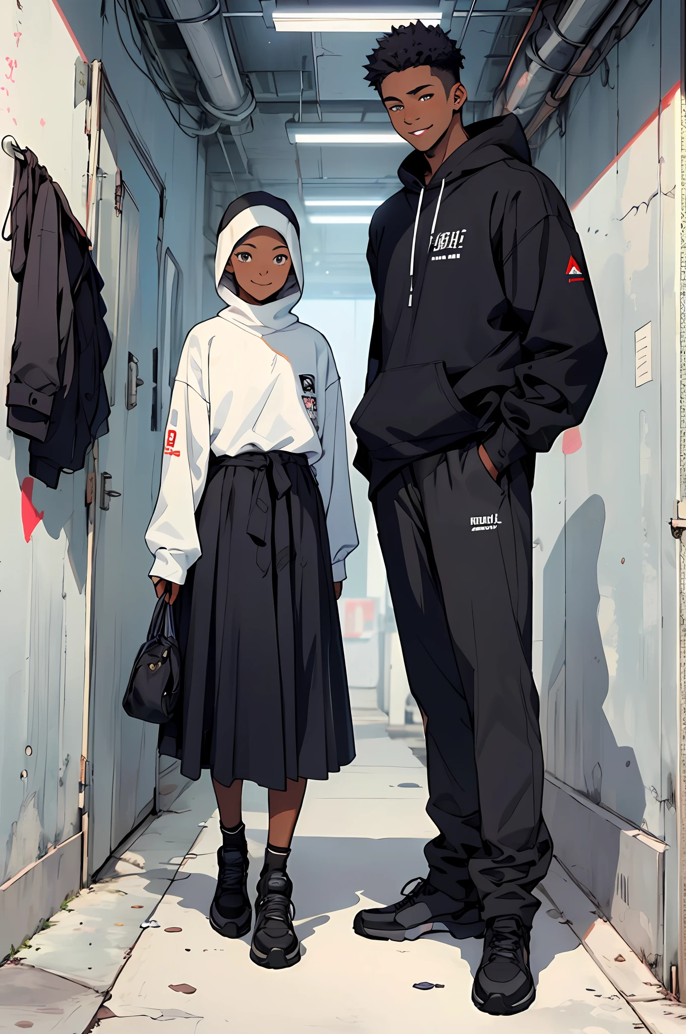 A young boy with a veiled girl, Dark skin, They both wear a black mask, standing confidently smiling, behind them a white wall with writing on it (ADEN PIXELS)