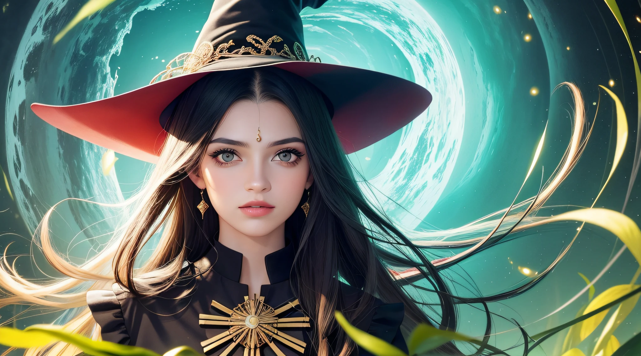(melhor qualidade, obra-prima, realista, detalhado), 8k CG, arte perfeita, 1 menina, Adult Hungarian woman, esbelta, sardas, solo, olhos marejos, cabelo longo preto, retrato, olhando para baixo, solo, (corpo inteiro: 0.6), fundo detalhado, sorriso claro, witch hat, bruxa, magical ambiance, cabelo fluindo no vento, verde aparado roupas de cor escura, colorful magic spell bright in the air, Rotating portal, magia escura, (estilo-redemoinho: 0.8), particle floating, fundo escuro sinistro da floresta, corrente ascendente, retroiluminação,