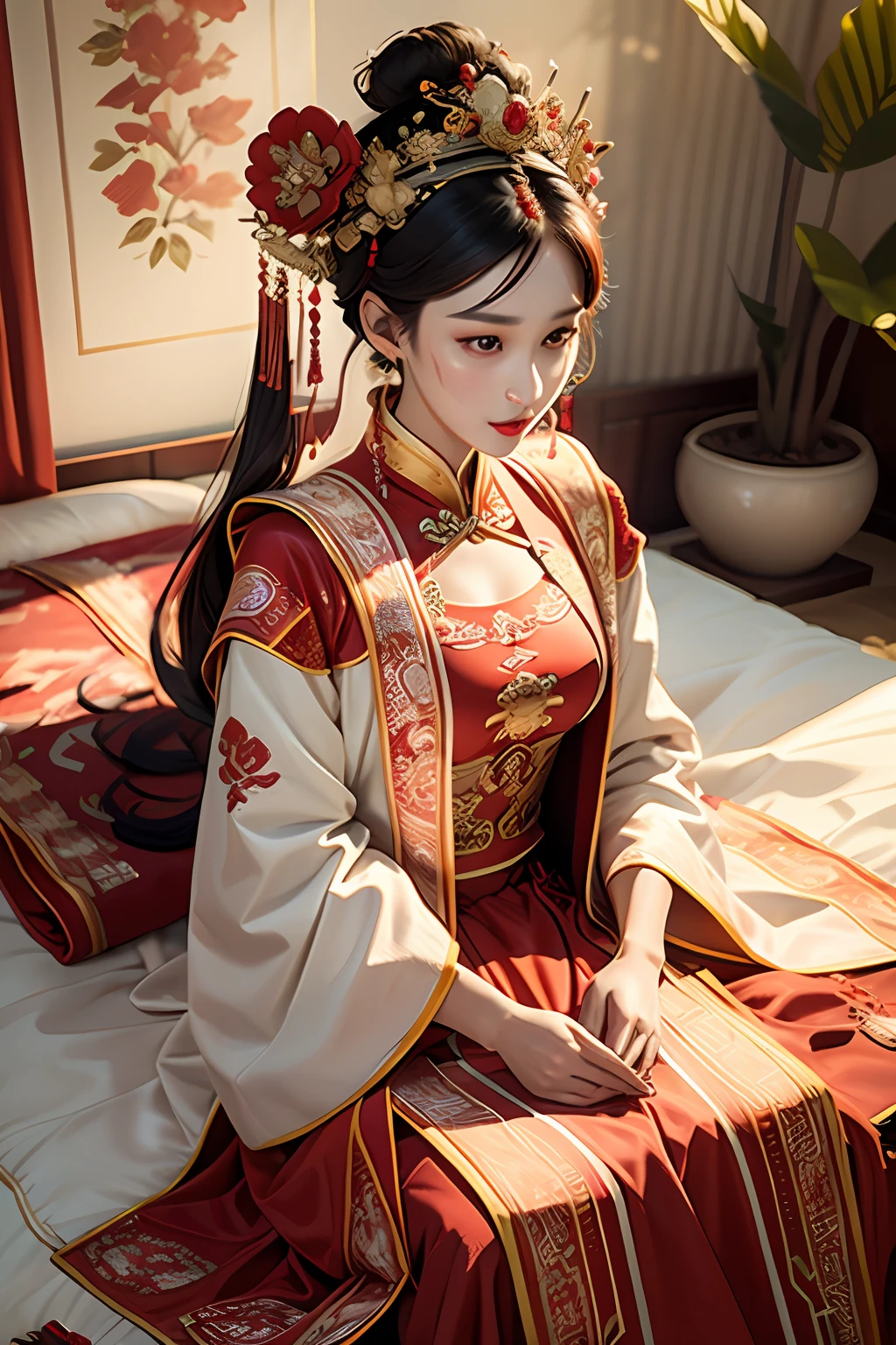 (Best quality: 1.1), (Realistic: 1.1), (Photography: 1.1), (highly details: 1.1), One wears a red and gold dress,Woman with a crown on her head, A hair stick, (sitting on red bed), Blushing, Shy, black_Hair, crown, Looking down, (2 red candles), Chinese_clothes, Curtains, Earrings, Hair_decorations, Hanfu, interiors, jewelry, Long_Sleeves, Red dress, Redlip, nipple tassels, (Red quilt), (red palace: 1.2), (3DMM: 1.5),mix4,
