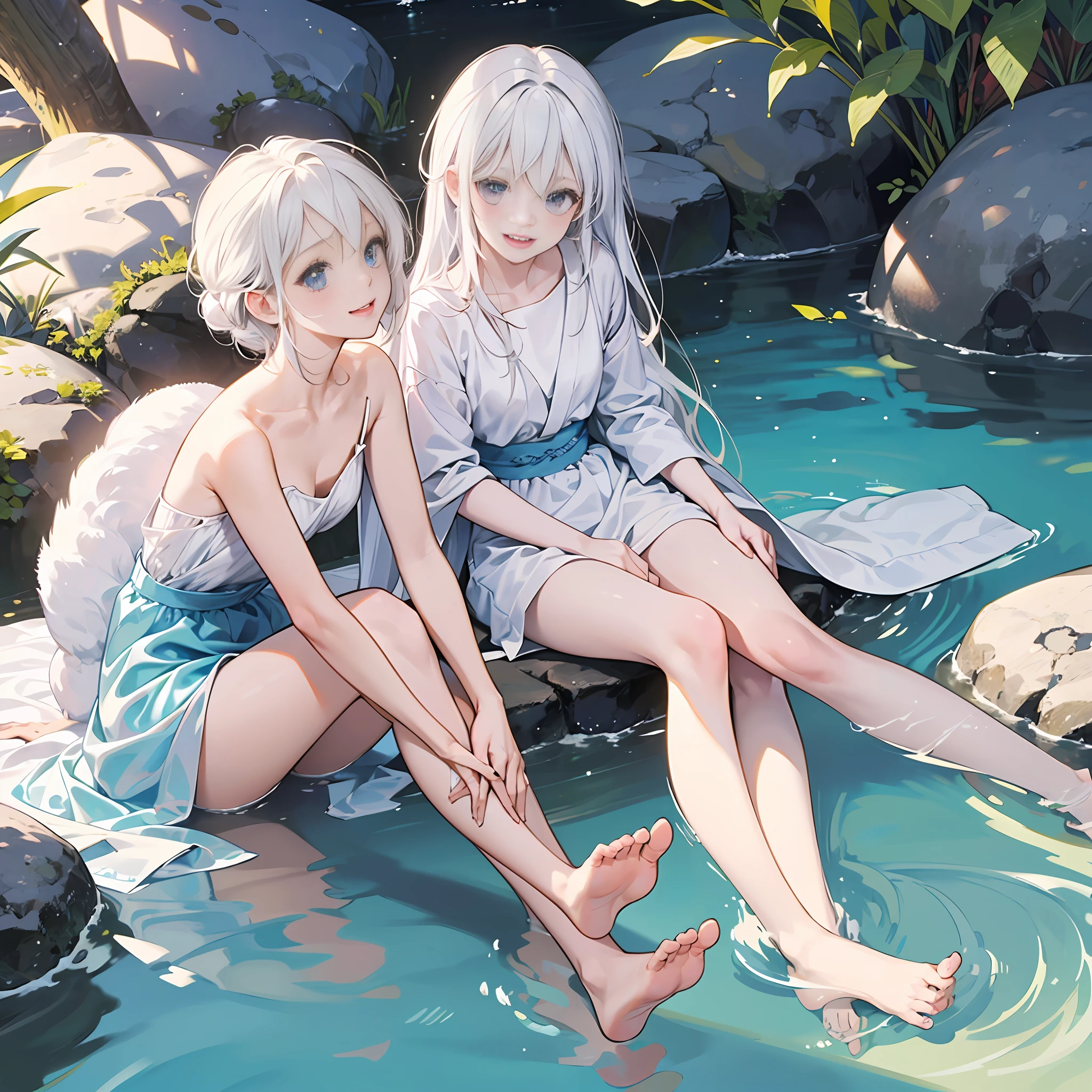 white color hair,white skinned,Like a genie,It's very sweet and cute to laugh,is a cute anime ,The clothes are white,legs bare,The feet are also naked and leaky, --auto