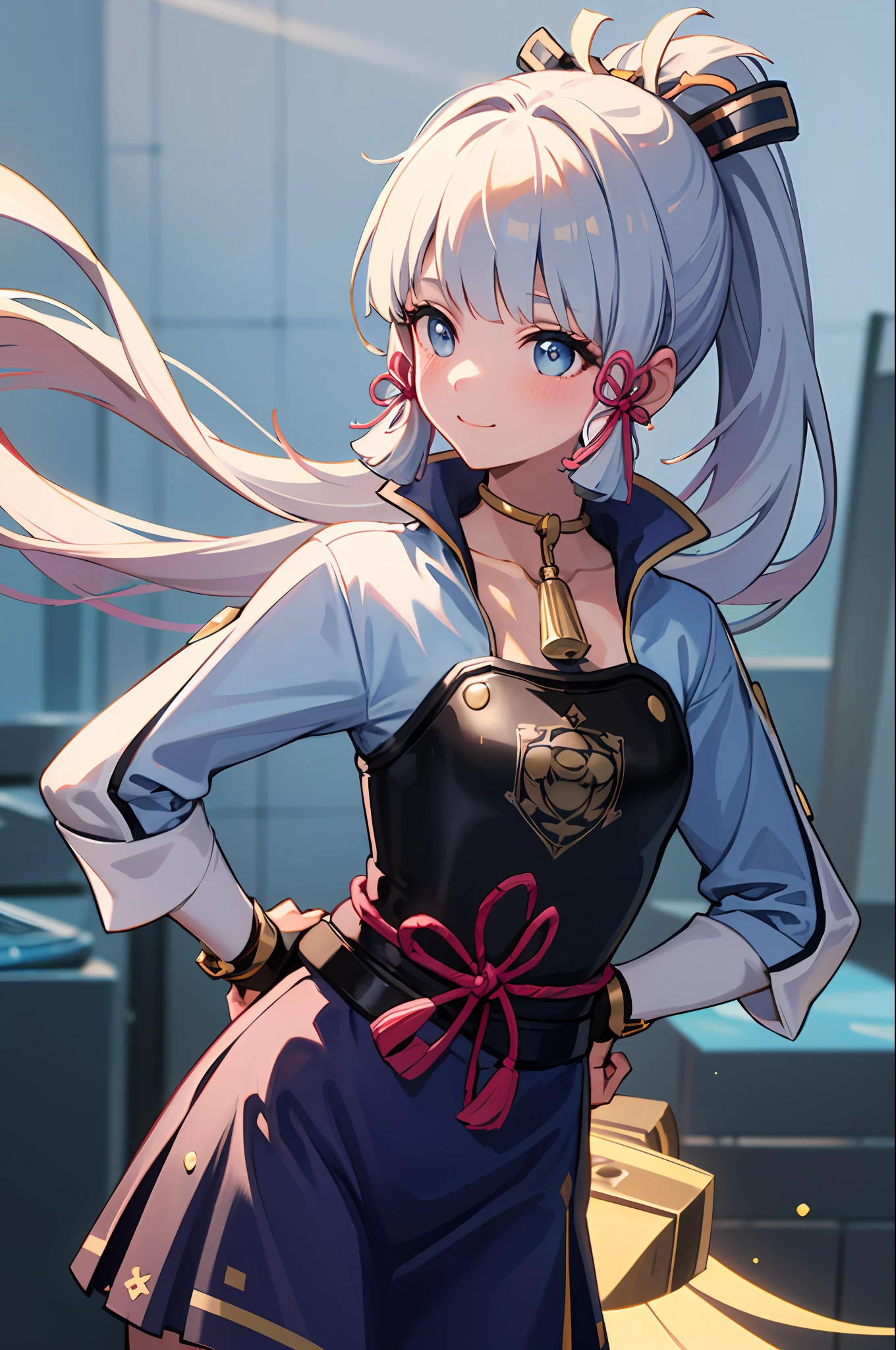 (((masterpiece))), 4k res, highly detailed, (((extremely detailed eyes))), detailed background, cinematic lighting, crystal clear eyes, high quality, highres, ultra-detailed, 8k, best quality, 1girl, solo, shadow, backlighting, light particles, Thick Eyelashes, Wide Sleeve, thick thighs, (masterpiece:1.3), (the best quality:1.2), (super fine illustrations:1.2), (Masterpiece), high quality, high detail,(SOLO:1.4),((round image)), whole body, 1girl, kamisato ayaka, smile, blush, closed mouth, cryokinesis, black gloves, thick, arms behind back, hands on hips, hands on own chest, village