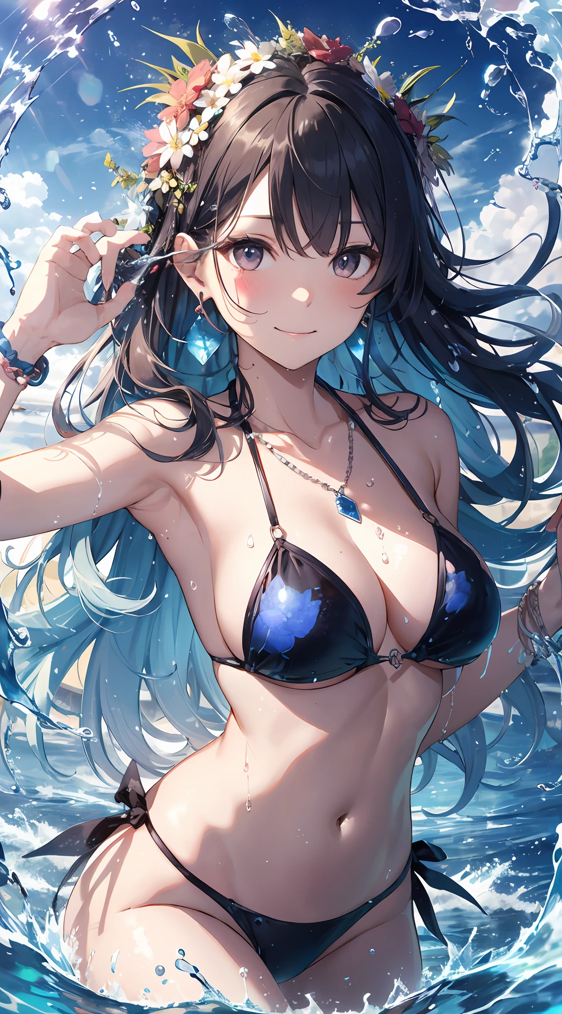 high-detail、masutepiece、fine portrayal、Vivid、absurderes, hight resolution, (Best Beautiful Girl Idol:1.5), (Lori:1.2), Cowboy Shot, (Tsunami:1.4),Colorful micro bikini, frilld, large earring, Gorgeous Necklaces, Gorgeous bracelets, Midsummer blue sky、 (floating water drop), (Water splash), (Water Effects:1.2), Dynamic Pose, Dynamic Angle, from the front side, resplendent smile、red blush、Countless particles of light、cinematic light and shadow、Brilliant kaleidoscope glow、Floral ornament、Hands goo、