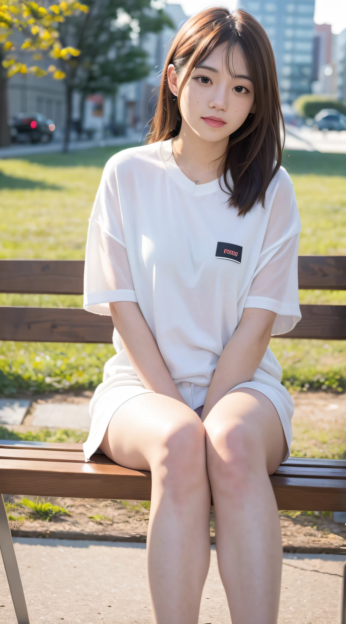 mix4, 20 days, Solo, Long_Hair, Nanase Nishino, Haruka Kaki, park, bench, Seated, (8K, RAW photography, Best quality, Masterpiece:1.2), (Realistic, Photorealistic: 1.37), Professional lighting, photon maping, Radio City, physically-based renderingt