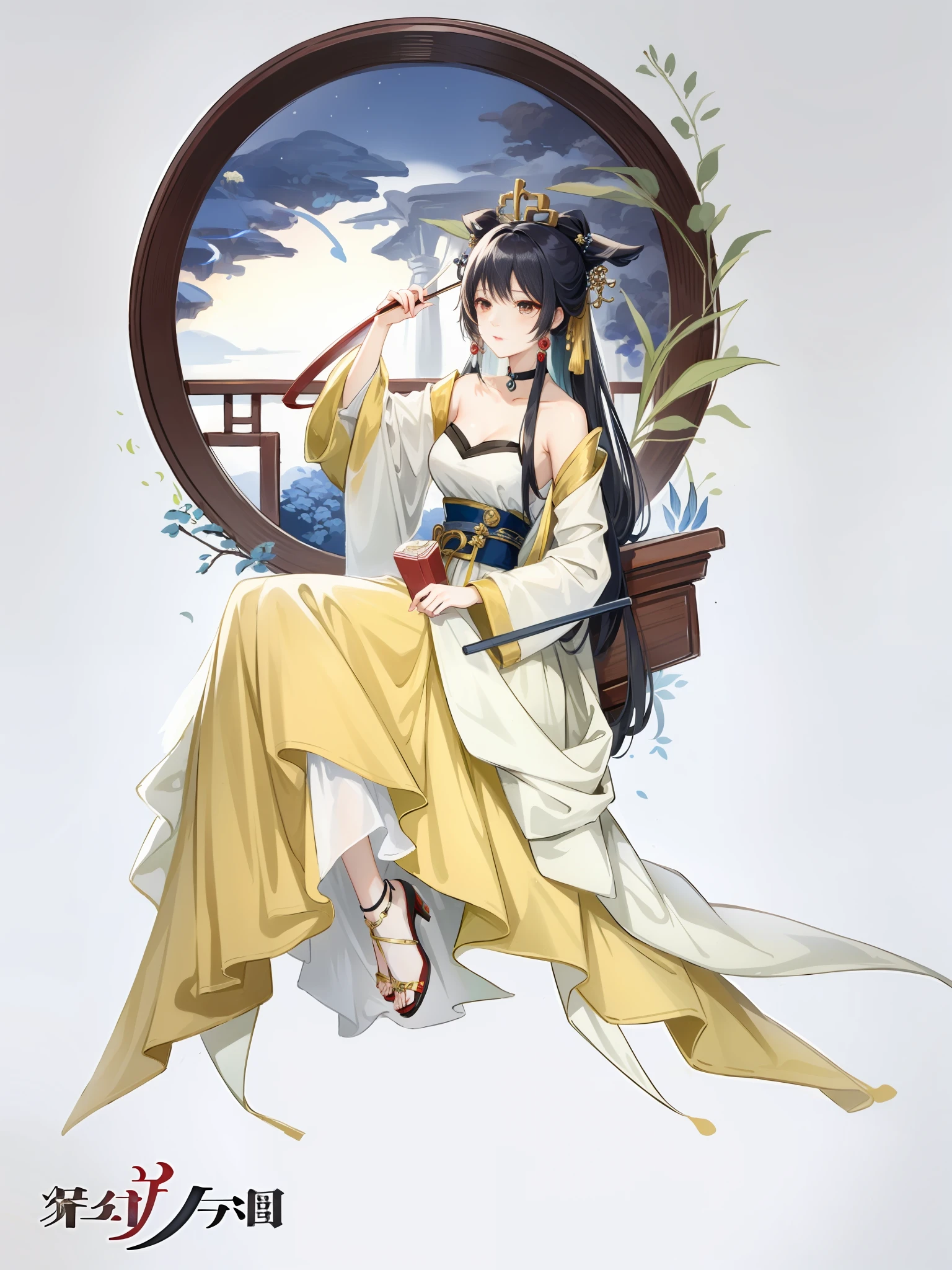 Anime characters sitting on benches,Hold a mirror and a fan, a beautiful fantasy empress, Palace , A girl in Hanfu, Guviz, full-body xianxia, ((a beautiful fantasy empress)), Beautiful character painting, by Yang J, Inspired by Qiu Ying, Inspired by Zhao Yuan, Anime goddess, Princesa chinesa antiga