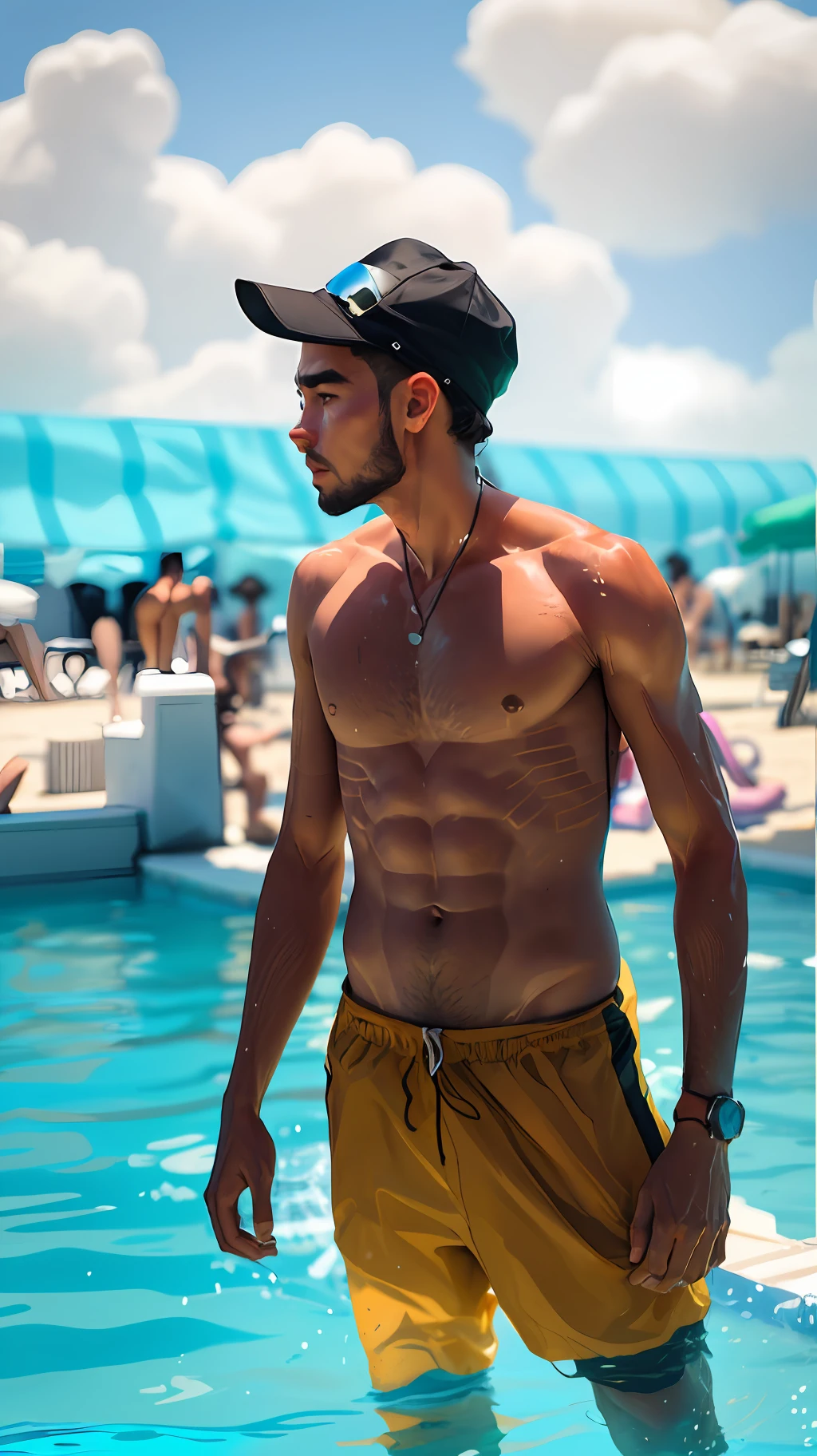 there is a man standing on a surfboard in the water, in a swimming pool, mohamed chahin style, candid picture, shirtless, wearing yellow croptop, poolside, candid photo, at a beach, full body photogenic shot, very accurate photo, taken in the early 2020s, playing at swiming pool, 2 , prefect body