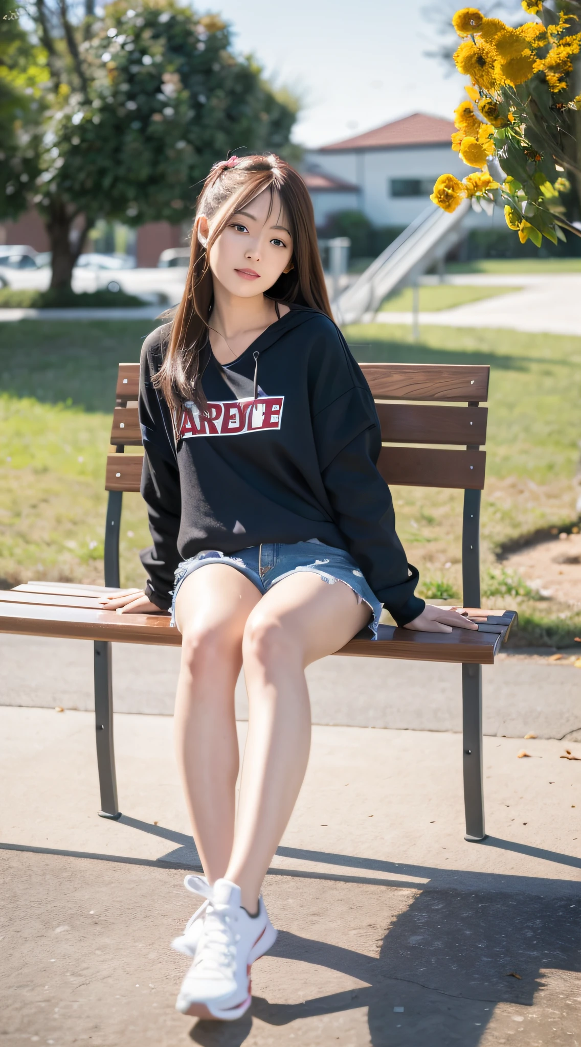 mix4, 20 days, Solo, Long_Hair, Nanase Nishino, Haruka Kaki, park, bench, Seated, (8K, RAW photography, Best quality, Masterpiece:1.2), (Realistic, Photorealistic: 1.37), Professional lighting, photon maping, Radio City, physically-based renderingt