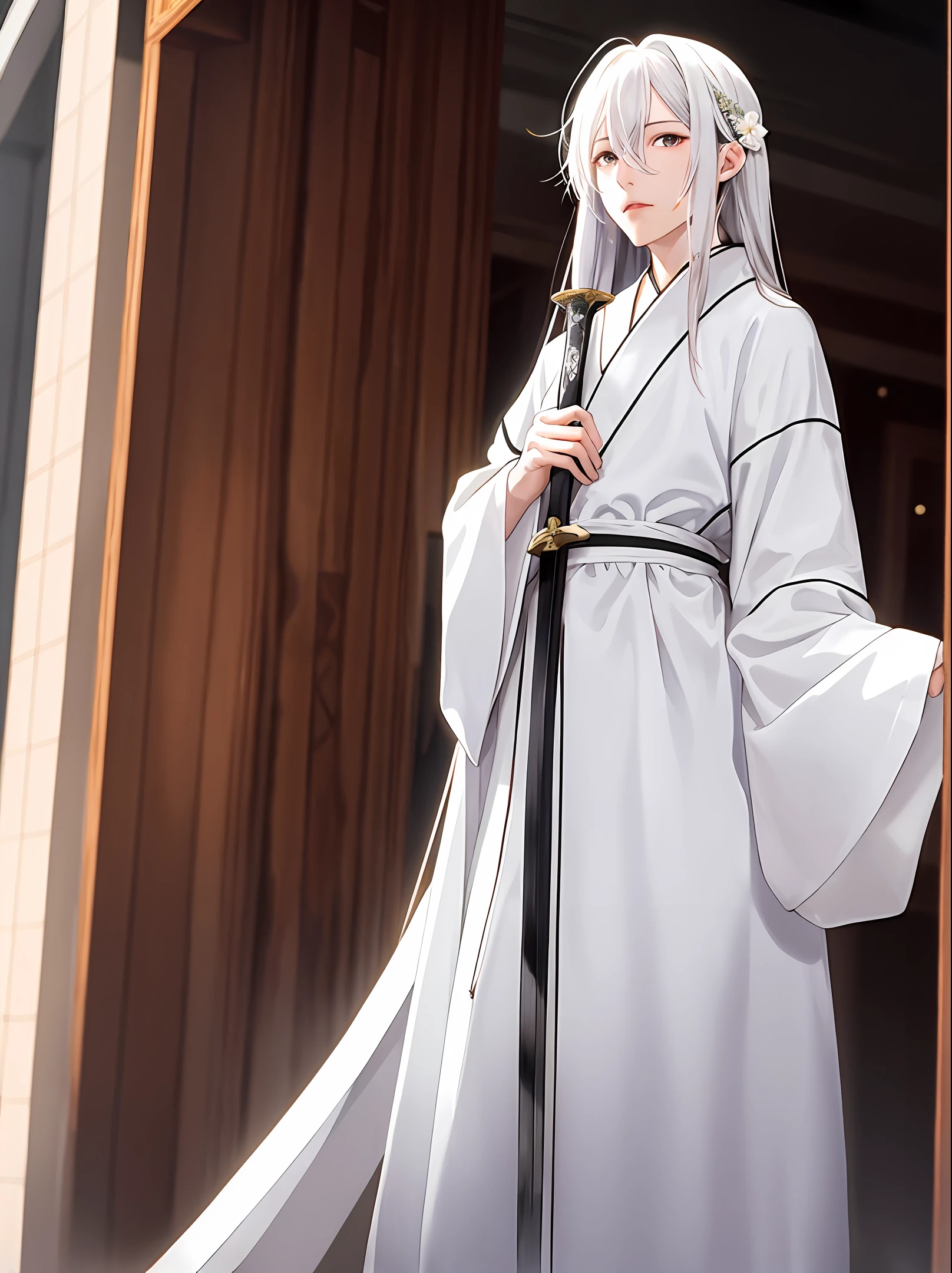 Dokasa White Style Antique Male Long Black Hair Gentle Sword Flower Robe Senxia Anime White Aya White