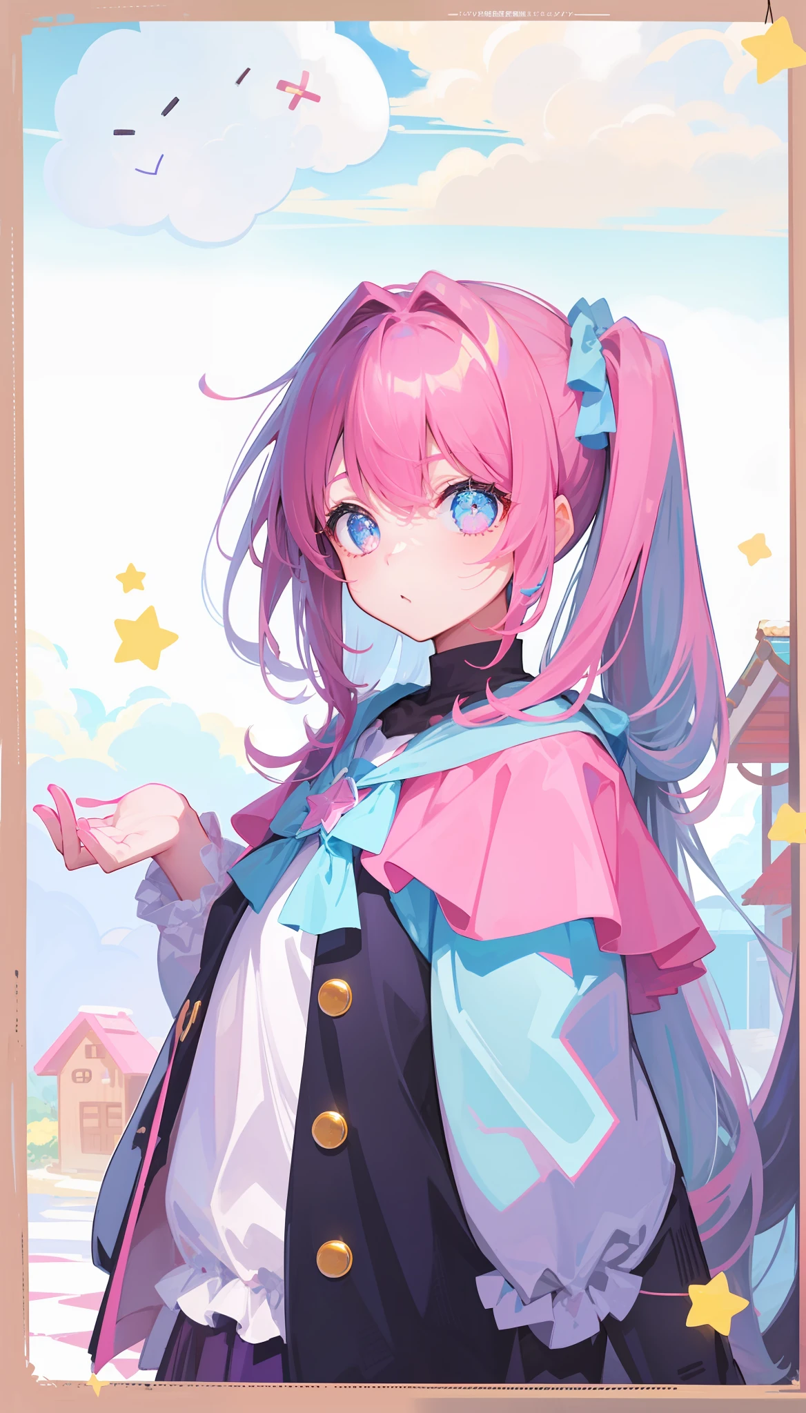 In the background is a candy house,There was a lot of sweets,There are clouds made of marshmallows。The girl's eyes are the same star eyes as Hoshino Ai,she has pink、Blue single-horned ponytail。