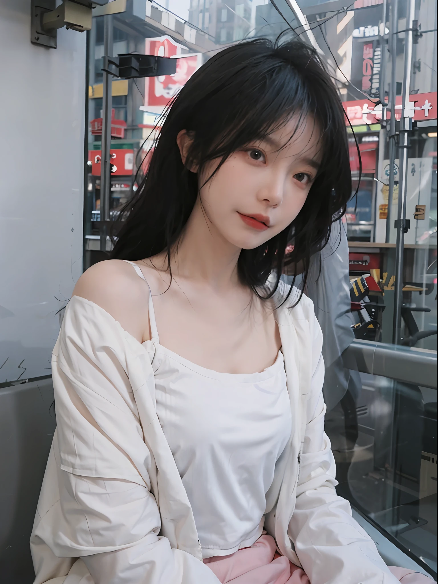 best qualtiy,tmasterpiece,超高分辨率,(true to life:1.4),1girll,Raised sexy,(Open white coat),White coat,(Pink bandeau top:1.5),Pink bandeau top,(In pink),(Daytime atmosphere:1.5),In the daytime, Glowing skin,A detailed eye, 二重まぶた,long whitr hair,White skin of the,Sitting charmingly on a tall building, Upper Body Photo