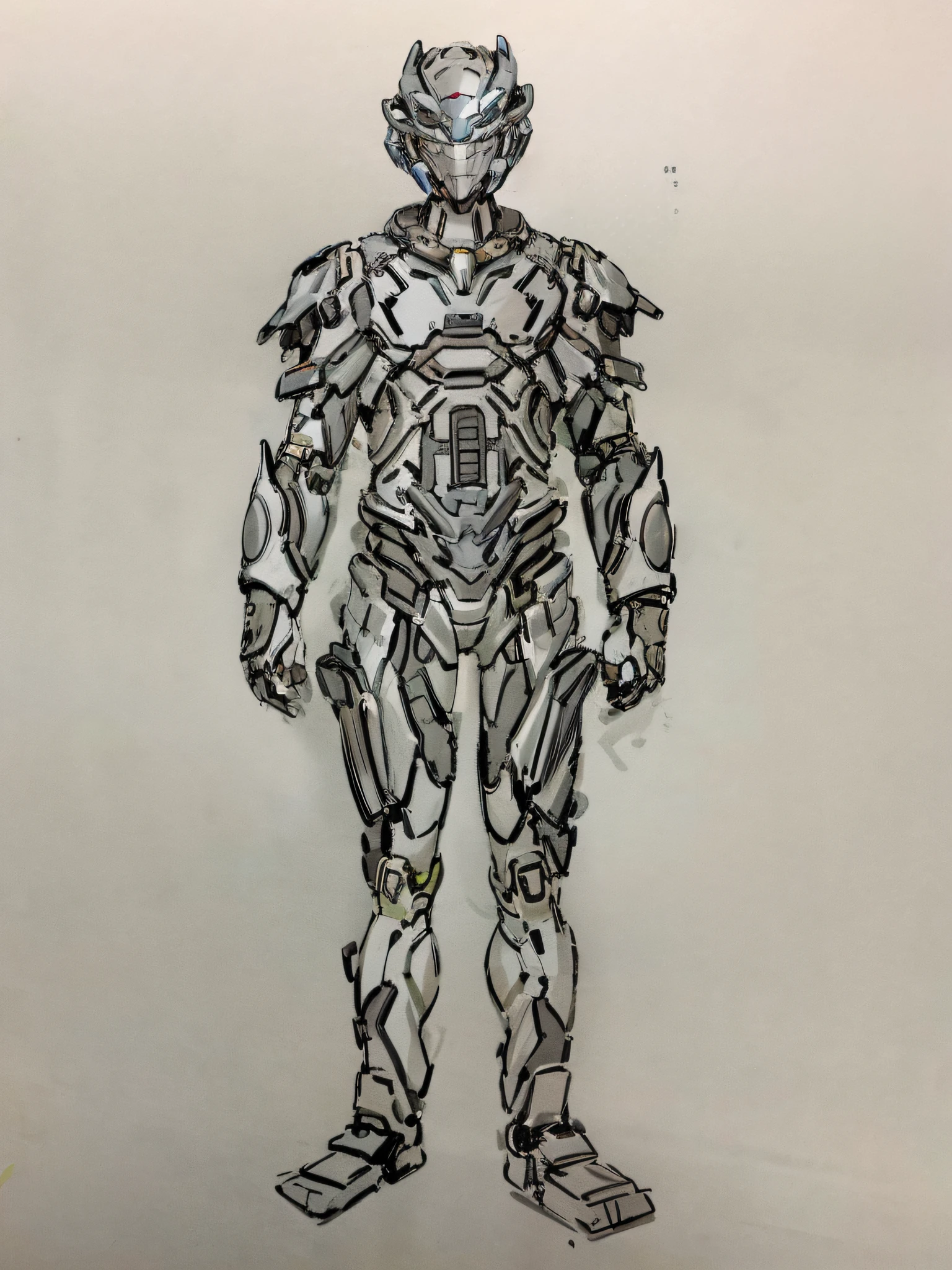 Drawing of a robot with a helmet and a body made of metal, detailed full-body concept, full body concept, Concept armor, new costume concept design, sci fi character concept, Humanoid form, Mecha Inspiration, intricate assasin mecha armor, detailed humanoid, sci - fi character, armour merging with body, intricate mecha armor