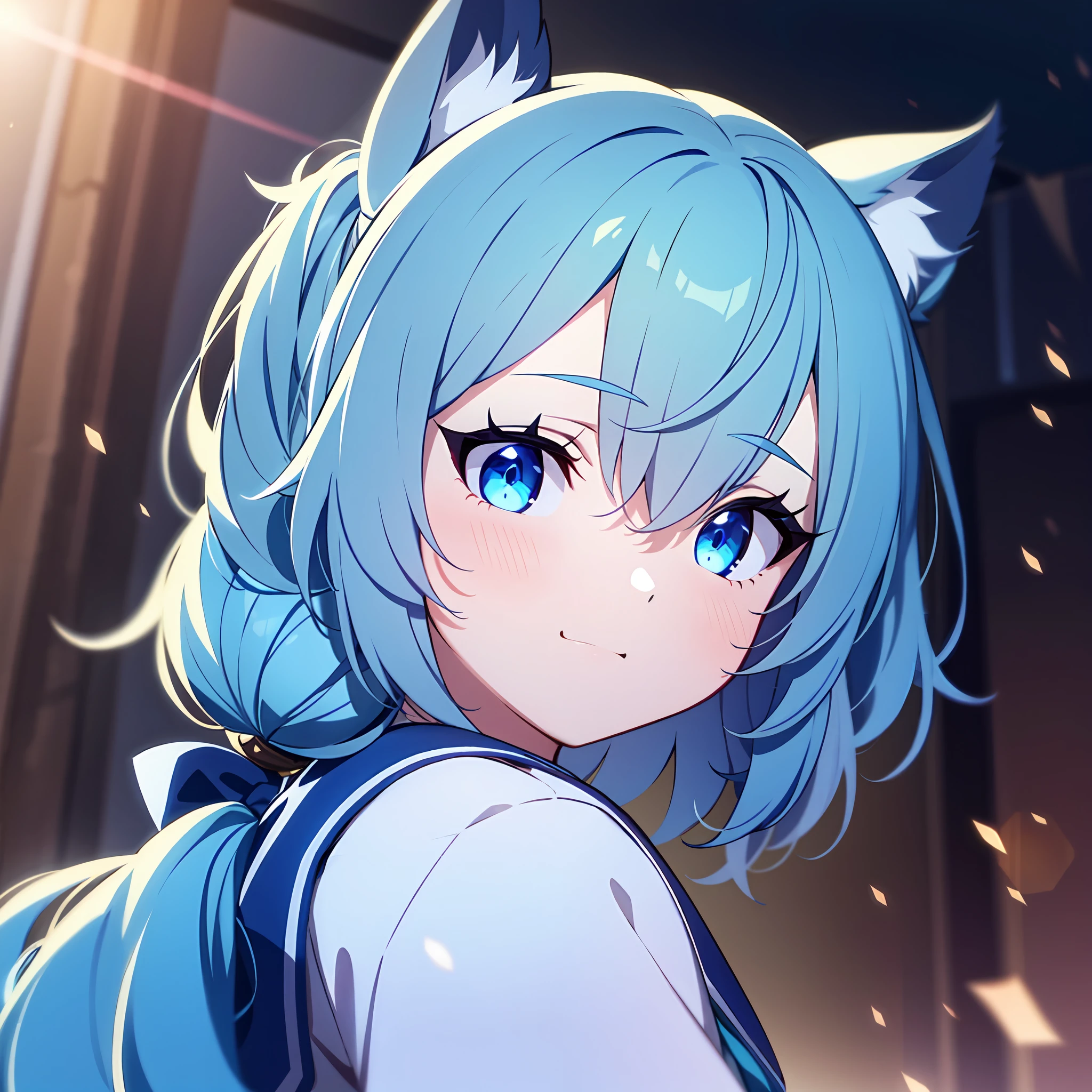 {{{{masterpiece, extremely detailed, intricate details, soft focus, 8K, highres, depth of field, absurdres, high quality facial shadowing, dynamic shadowing, extreme shaders, cinematic lighting, perfect lighting, soft lighting, hazy lighting, blurry foreground, lens flare, cat girl, fluffy cat ears, blue hair, blue eyes, ribbon, pony tail, school uniform, summer}}}}