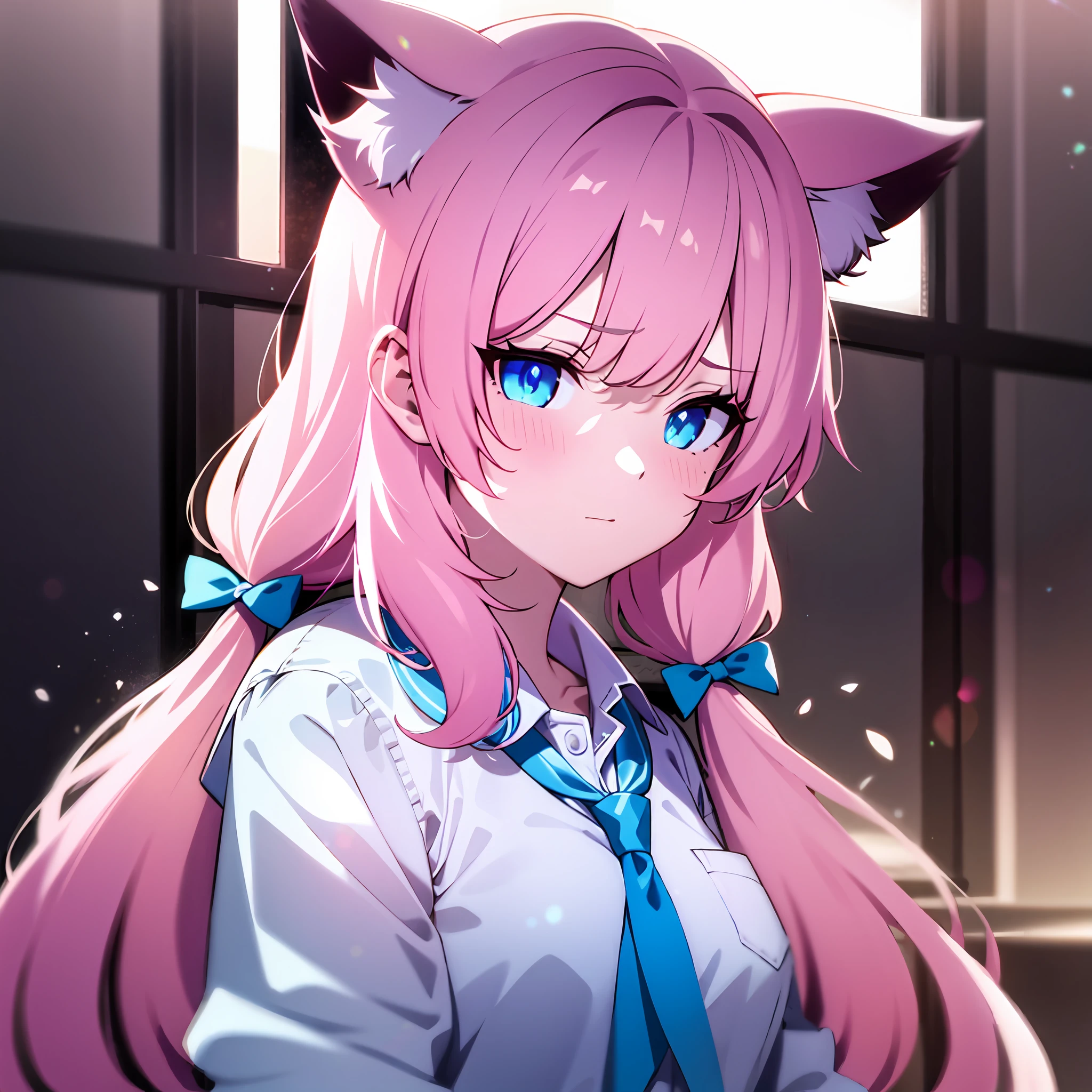 {{{{masterpiece, extremely detailed, intricate details, soft focus, 8K, highres, depth of field, absurdres, high quality facial shadowing, dynamic shadowing, extreme shaders, cinematic lighting, perfect lighting, soft lighting, hazy lighting, blurry foreground, lens flare, cat girl, fluffy cat ears, pink hair, blue eyes, ribbon, twin tail, school uniform, summer}}}}