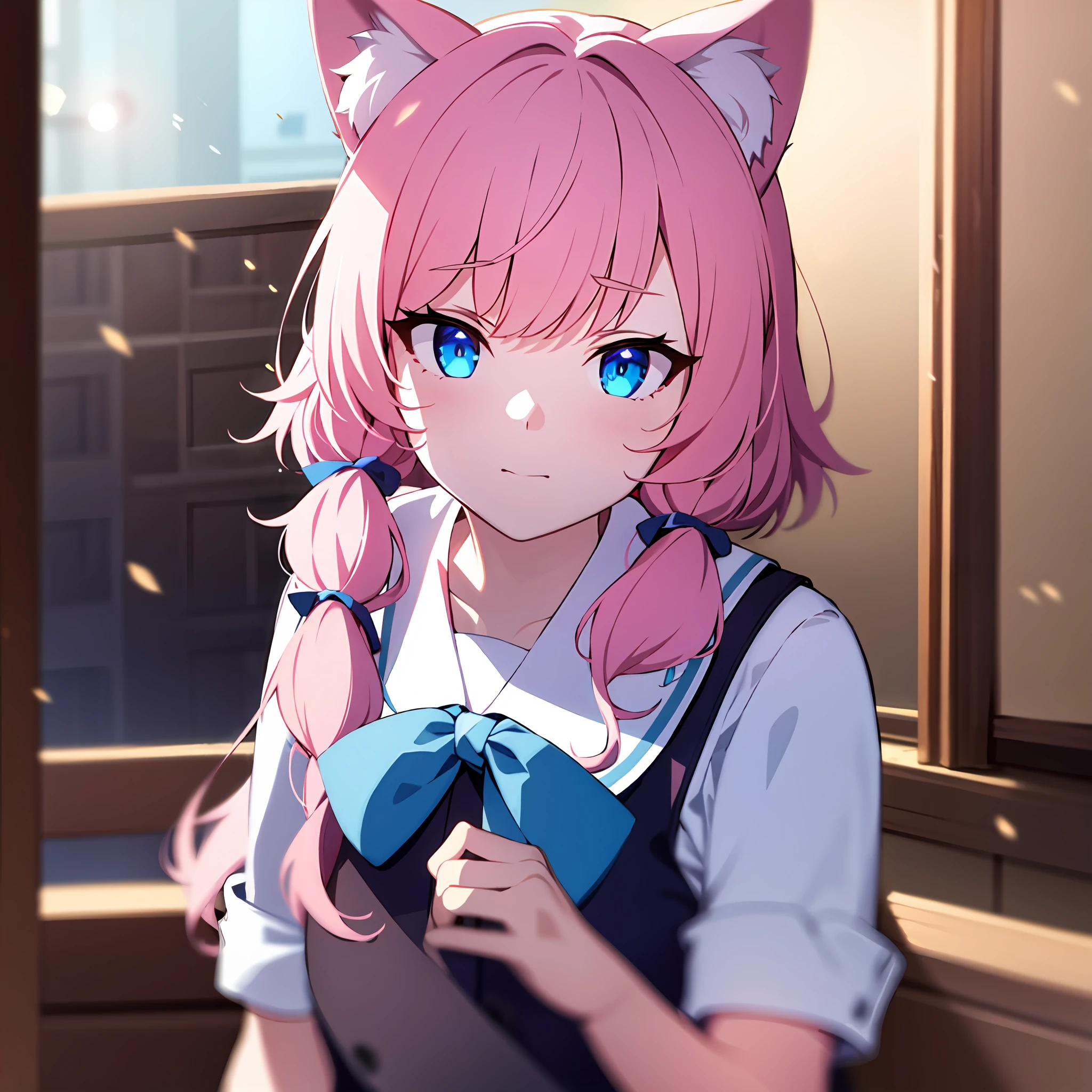 {{{{masterpiece, extremely detailed, intricate details, soft focus, 8K, highres, depth of field, absurdres, high quality facial shadowing, dynamic shadowing, extreme shaders, cinematic lighting, perfect lighting, soft lighting, hazy lighting, blurry foreground, lens flare, cat girl, fluffy cat ears, pink hair, blue eyes, ribbon, twin tail, school uniform, summer}}}}