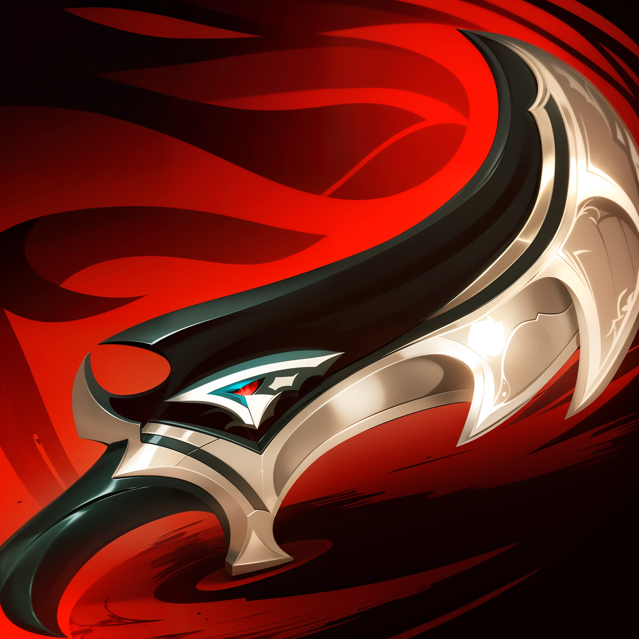 there is a digital painting of a black and white bird on a red background, war blade weapon, style of ghost blade, holding jagged scimitar, fantasy scythe, fantasy blade, akali, huge scythe, glaive, wielding kunai, sickle, painted in the style arcane, jagged sword, league of legends inventory item --auto