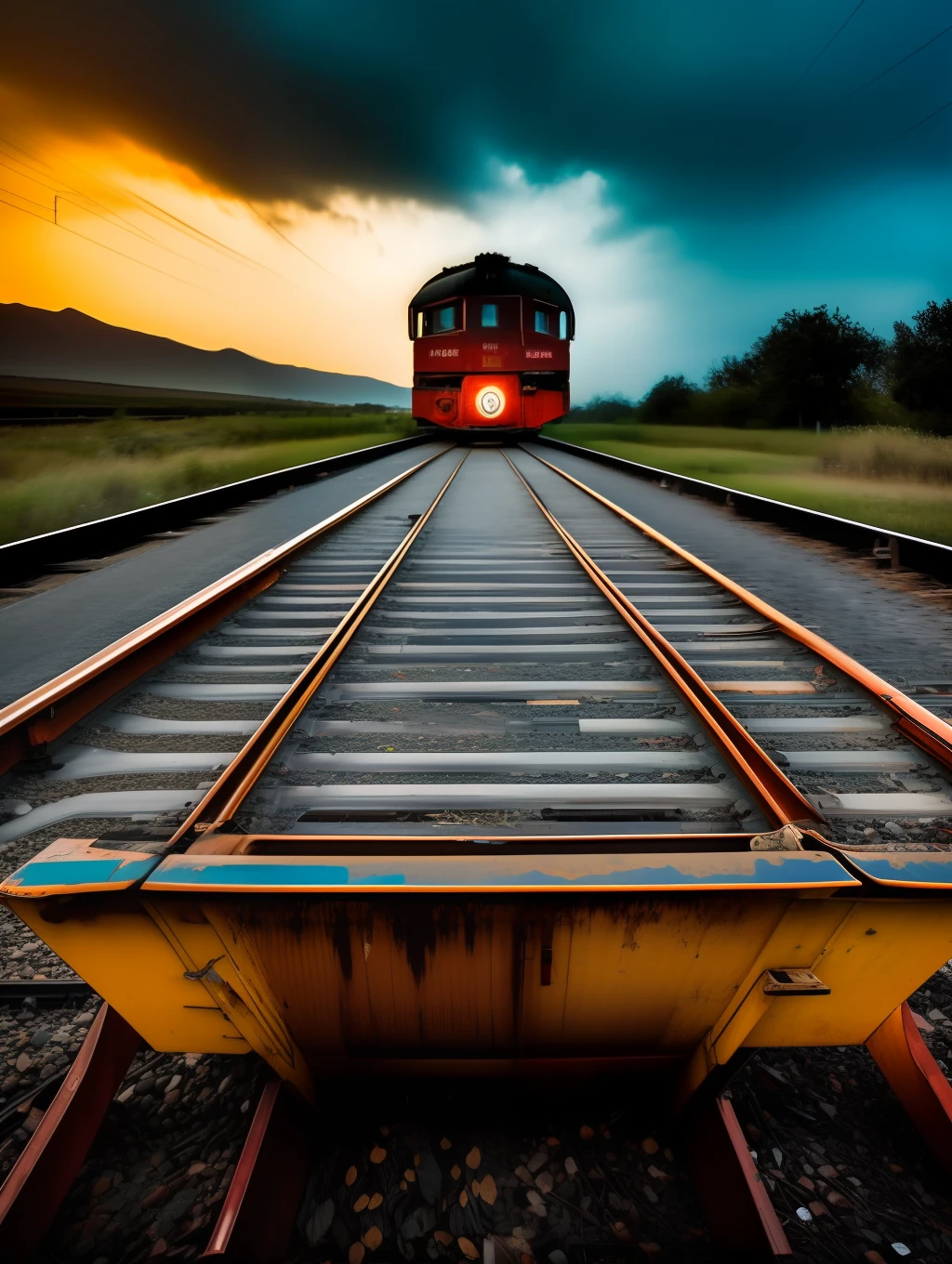 Photography of an abandoned and neglected old train in an old and abandoned train station, in the style of Felicia Simion and Peter Lik, pouring rain, cinematic lighting, dramatic scene