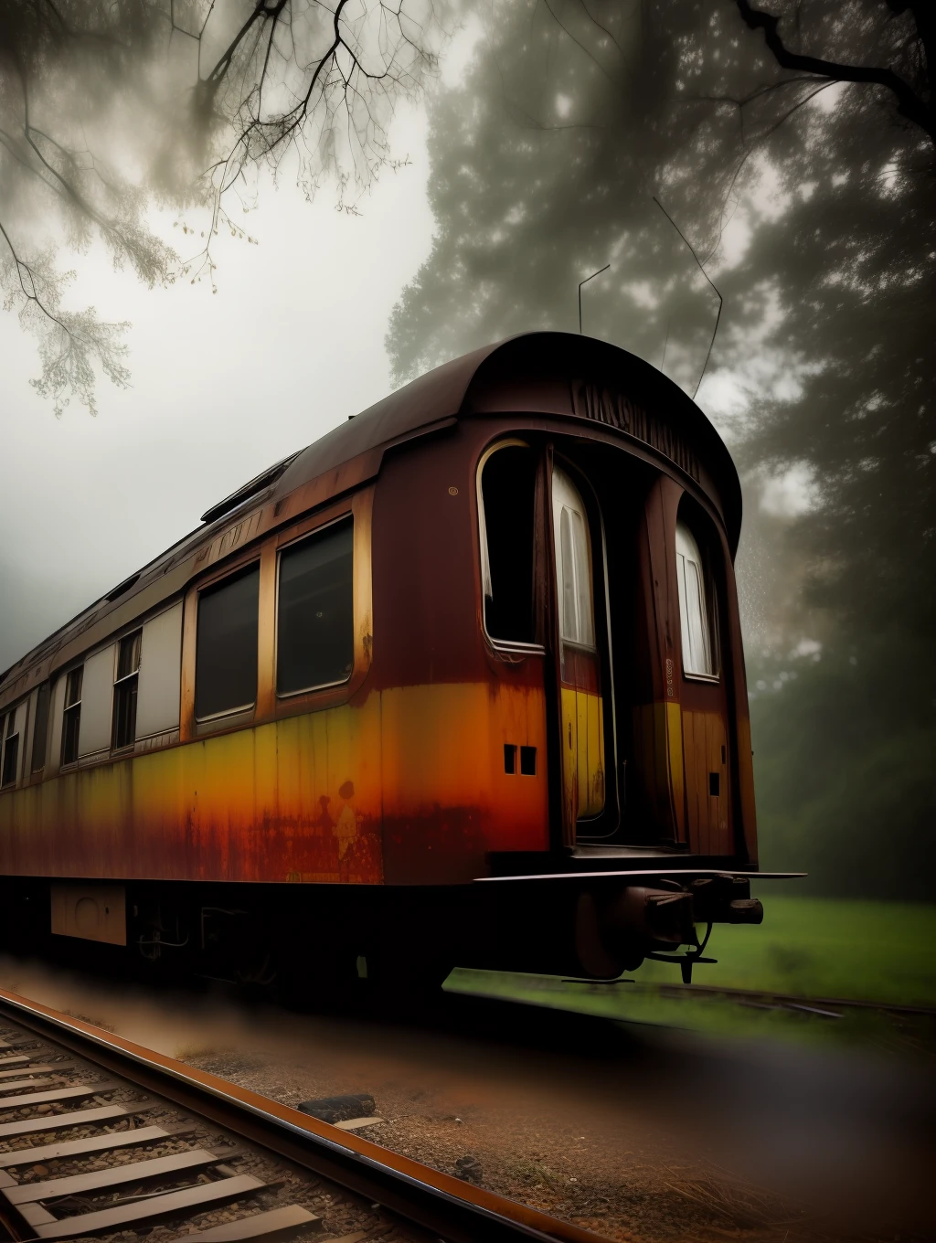 Photography of an abandoned and neglected old train in an old and abandoned train station, in the style of Felicia Simion and Peter Lik, pouring rain, cinematic lighting, dramatic scene