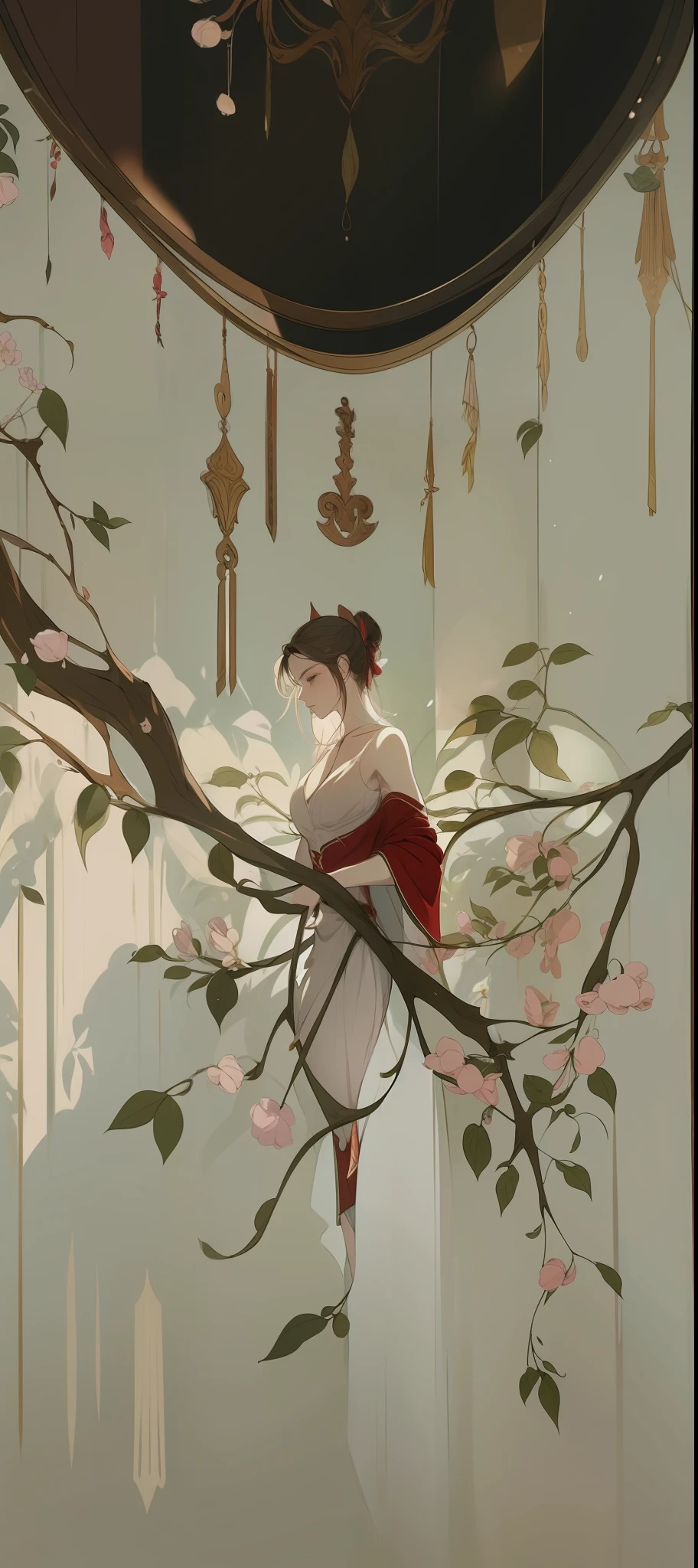 Antique woman,Only show the upper body,Wearing a red robe,V-neckline,Wear hairpins on your head,Hand on hilt,