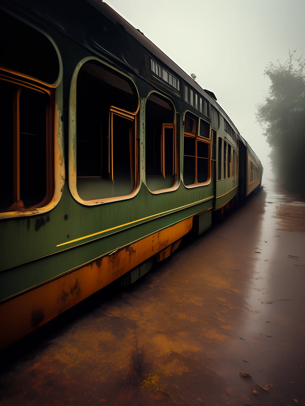 Photography of an abandoned and neglected old train in an old and abandoned train station, in the style of Felicia Simion and Peter Lik, pouring rain, cinematic lighting, dramatic scene