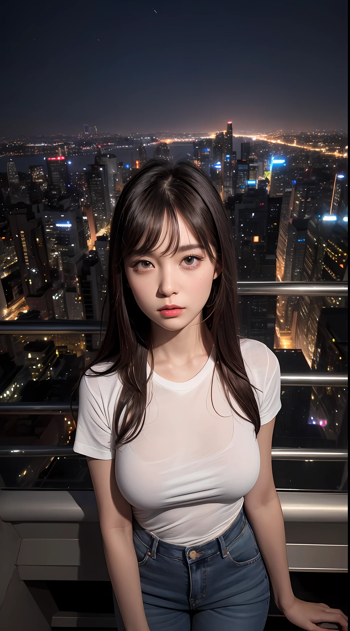 ultra high res, (photorealistic:1.4), raw photo,((Midnight, Best quality, 8k, Masterpiece :1.3)), Whole body, Long legs, Sharp focus :1.2, A pretty woman with perfect figure :1.4, Slender abs :1.1, ((Dark brown hair,Gigantic breasts :1.2)), (White tight tshirt, Jean bib, Standing:1.2), ((Night city view, Rooftop:1.3)), Highly detailed face and skin texture, Detailed eyes, Double eyelid