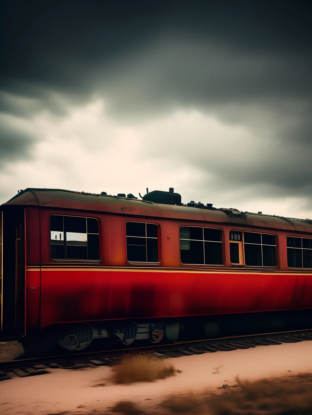 Photography of an abandoned and neglected old train in an old and abandoned train station, in the style of Felicia Simion and Peter Lik, pouring rain, cinematic lighting, dramatic scene
