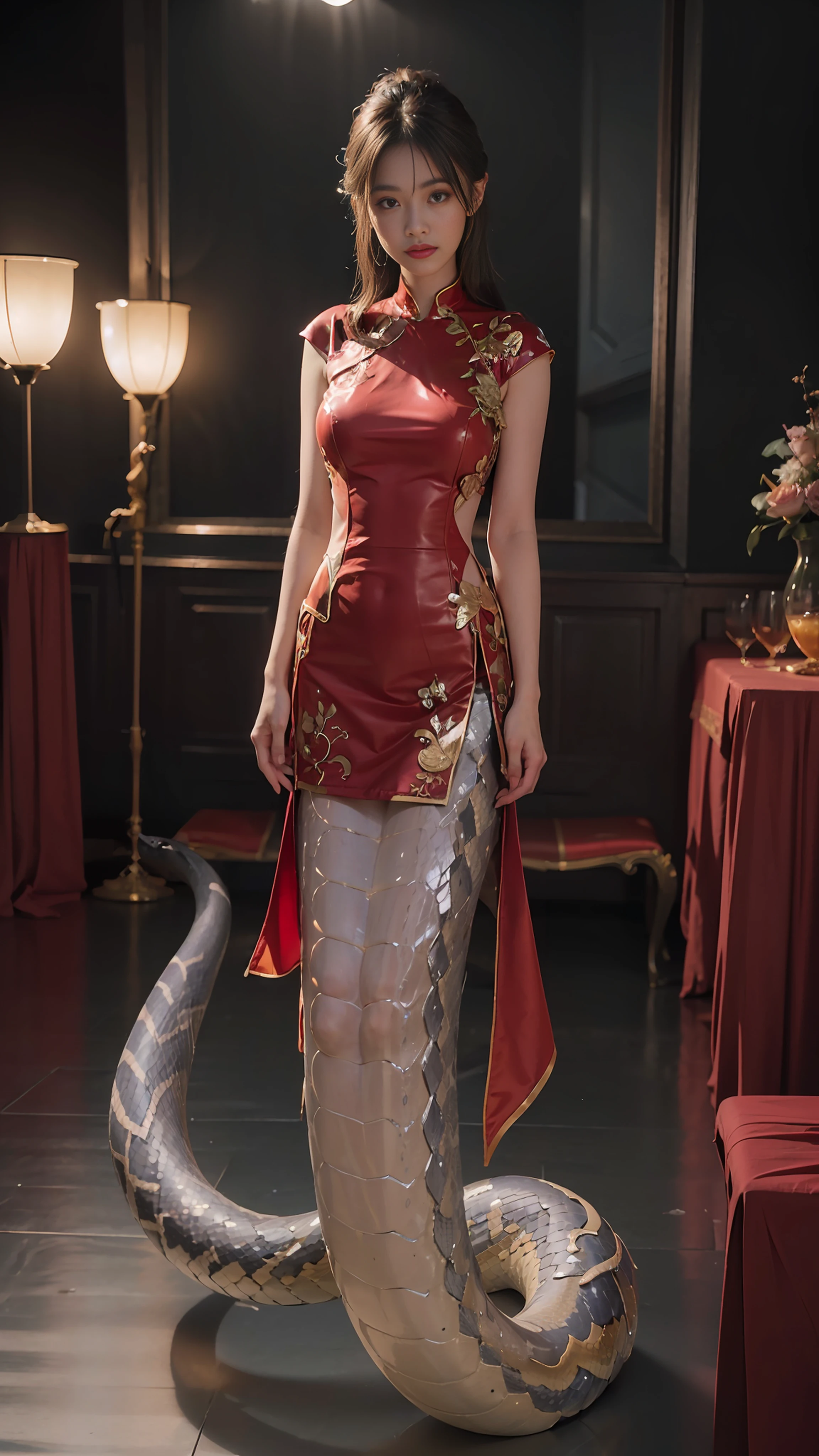 (mermaid:1.2), (Snake tail:1.3)，8K  UHD，RAW photo，A snake woman，（Python pattern），White Snake（snake man），(Golden scales)，(Real Human:1.3)，(A high resolution:1.4)，(A detailed:1.5)，(photorealestic:1.7)，RAW photo，Portrait Photogram，Realistic scales，cabellos largos dorados，Skin is delicate and smooth，The face is delicate，A plump chest，（Lamia），RAW photo，超A high resolution，Foto realism，best qualtiy，(highdetailskin，skin detailed)，Visible Pore，Shiny skin，tmasterpiece，finedetail，Colorization，Extremely Delicately Beautiful，Extremely detailed 8k wallpaper，8K high quality，Digital SLR，Snake man maiden with beautiful details，(looking at viewert)，professional photograph lighting，Faraway view，full bodyesbian，in a panoramic view