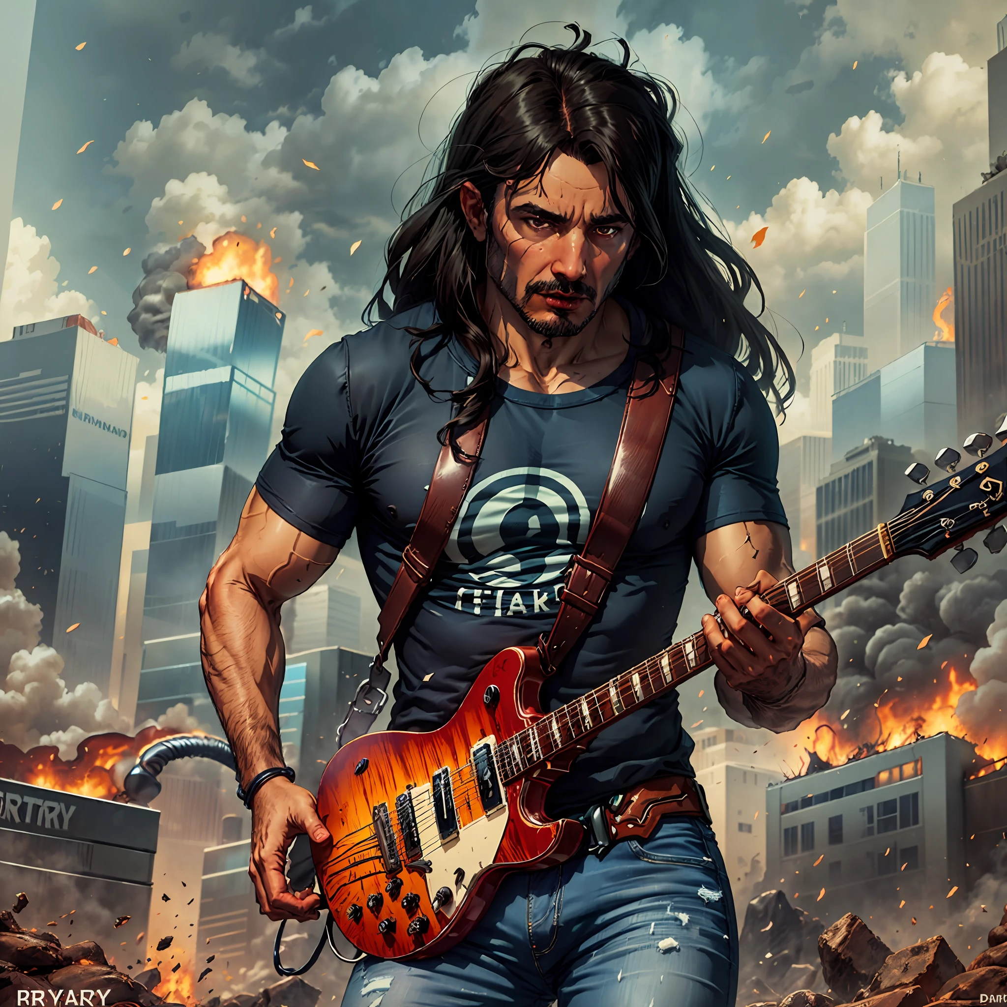 A Man (1man) Turkish man, with long black hair, black rock in roll style, white basic plain Teeshirt, round neck Tee-shirt, dirty tight blue jeans, round neck Teeshirt, playing guitar, a city completely destroyed and on fire, Epic Fantasy Digital Art Style, Epic Fantasy Illustration, super realistic, highest quality