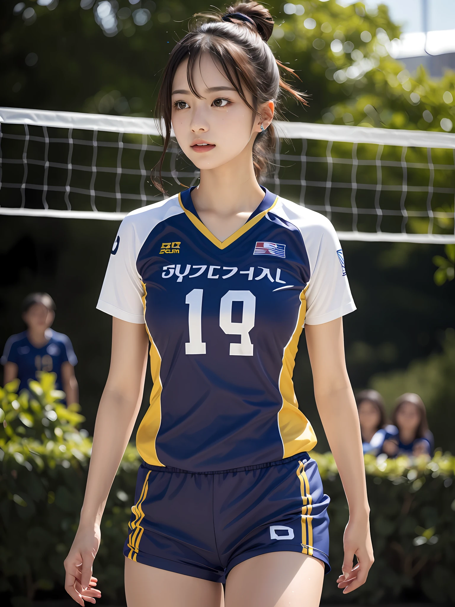 8K,RAW portrait of japanese girl,Photorealistic,超A high resolution,Best Quality,8K, masterpiece, Textured skin, Super Detail, high details, High quality, hight resolution、Korean Idol、Nogizaka Idol、hposing Gravure Idol、(Young:1.3),(Looking away:1.3)
BREAK
(Volleyball player,Volleyball uniform:1.1),Indoor,(Soft breasts),sport short pants,(dynamic compositions:1.1),(Sweat,Shiny skin:1.2)
BREAK
(Natural Skin Texture,Detailed skin, Hyper-Realism,ultra sharpness),Intricate details,depth of fields,(Bright lighting:1.2),、Korean Idol、Nogizaka Idol、hposing Gravure Idol、