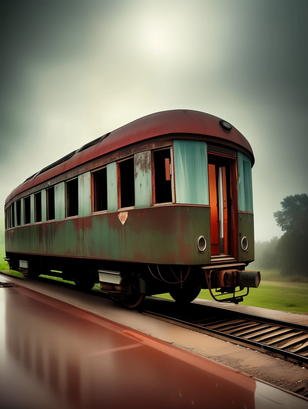 Photography of an abandoned and neglected old train in an old and abandoned train station, in the style of Felicia Simion and Peter Lik, pouring rain, cinematic lighting, dramatic scene