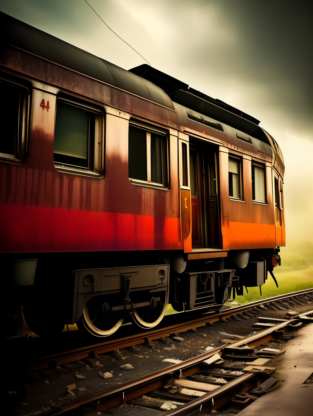 Photography of an abandoned and neglected old train in an old and abandoned train station, in the style of Felicia Simion and Peter Lik, pouring rain, cinematic lighting, dramatic scene