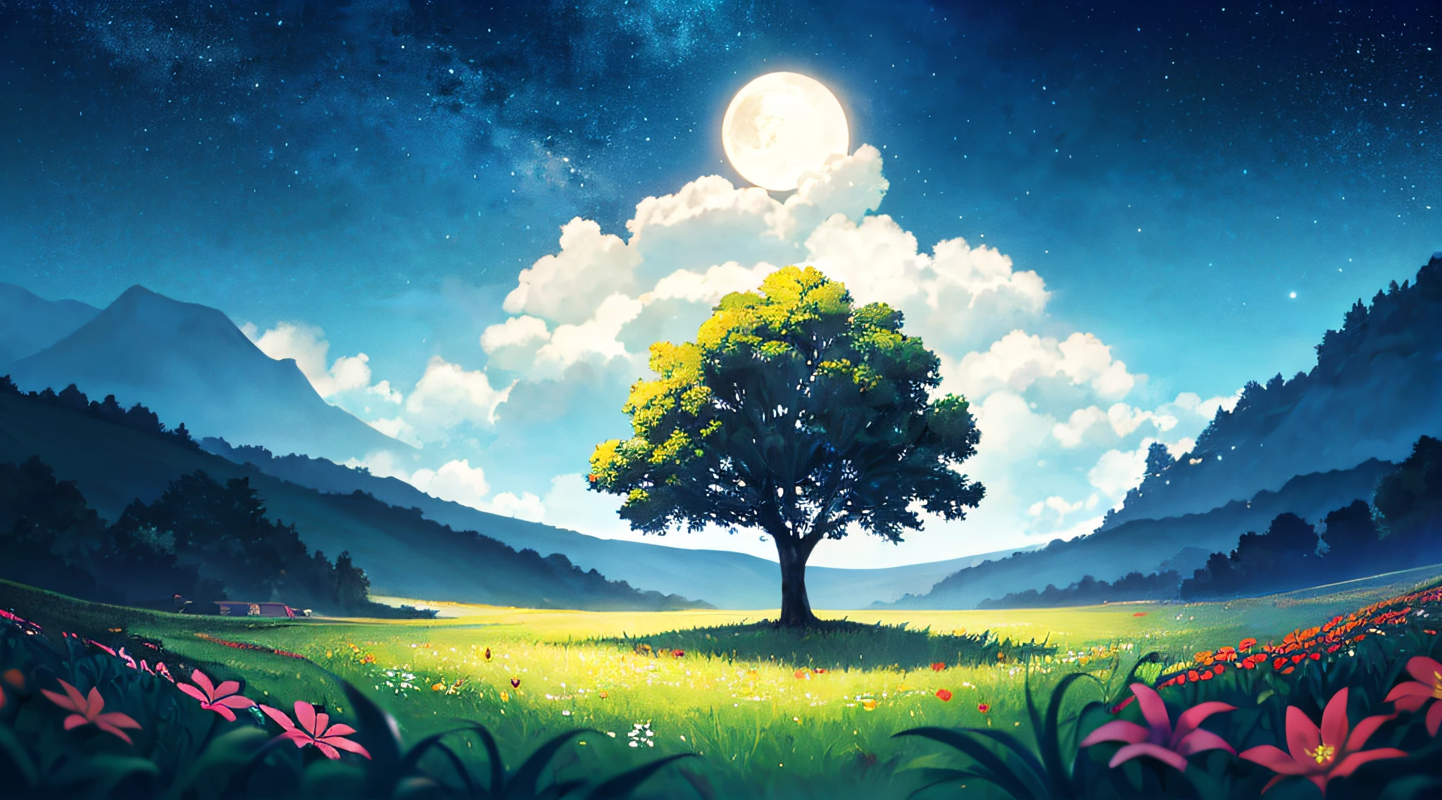 Na calada da noite, A lua brilha intensamente, painting the starry sky with its soft, brilho prateado. em um campo aberto, A solitary tree stands out against the nocturnal landscape. The light of the moon falls on the tree, casting an elongated shadow on the ground. Around the tree, Wildflowers bloom in a spectacle of soft and delicate colors, enquanto pequenos animais noturnos exploram o ambiente tranquilo. The image is rendered with a soft, Ethereal touch, with a slight blur that adds an air of mystery and enchantment. The mood is serene and melancholy, capturando a magia silenciosa da noite iluminada pela lua --ar 16:9 --v 5 --q 2