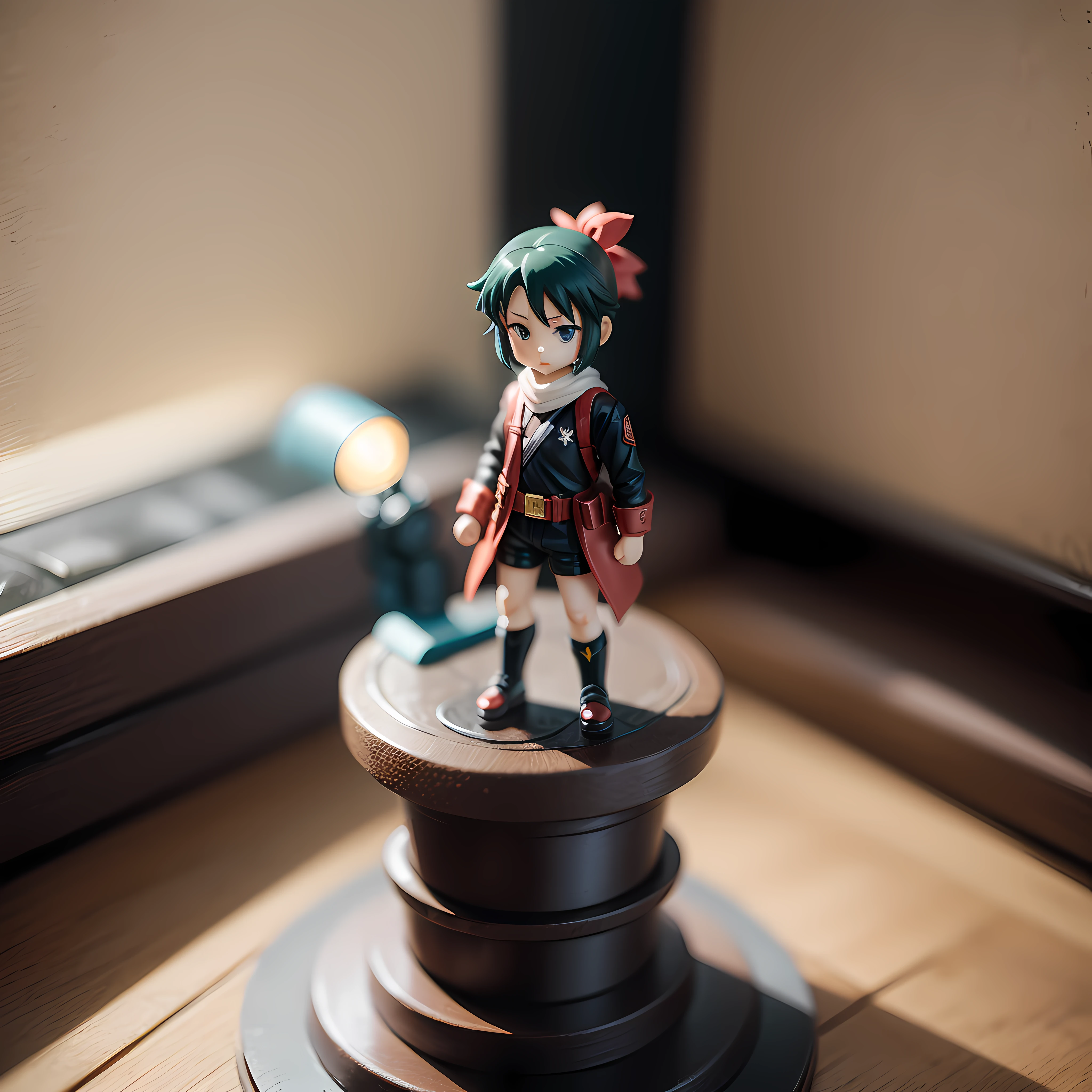 A small anime figurine, depicted as a heroic toy, inside a blind box, placed on a tiny pedestal, against a clean white background, illuminated by artificial light. The artwork is of top-notch photographic quality, capturing every intricate detail of the anime figurine.