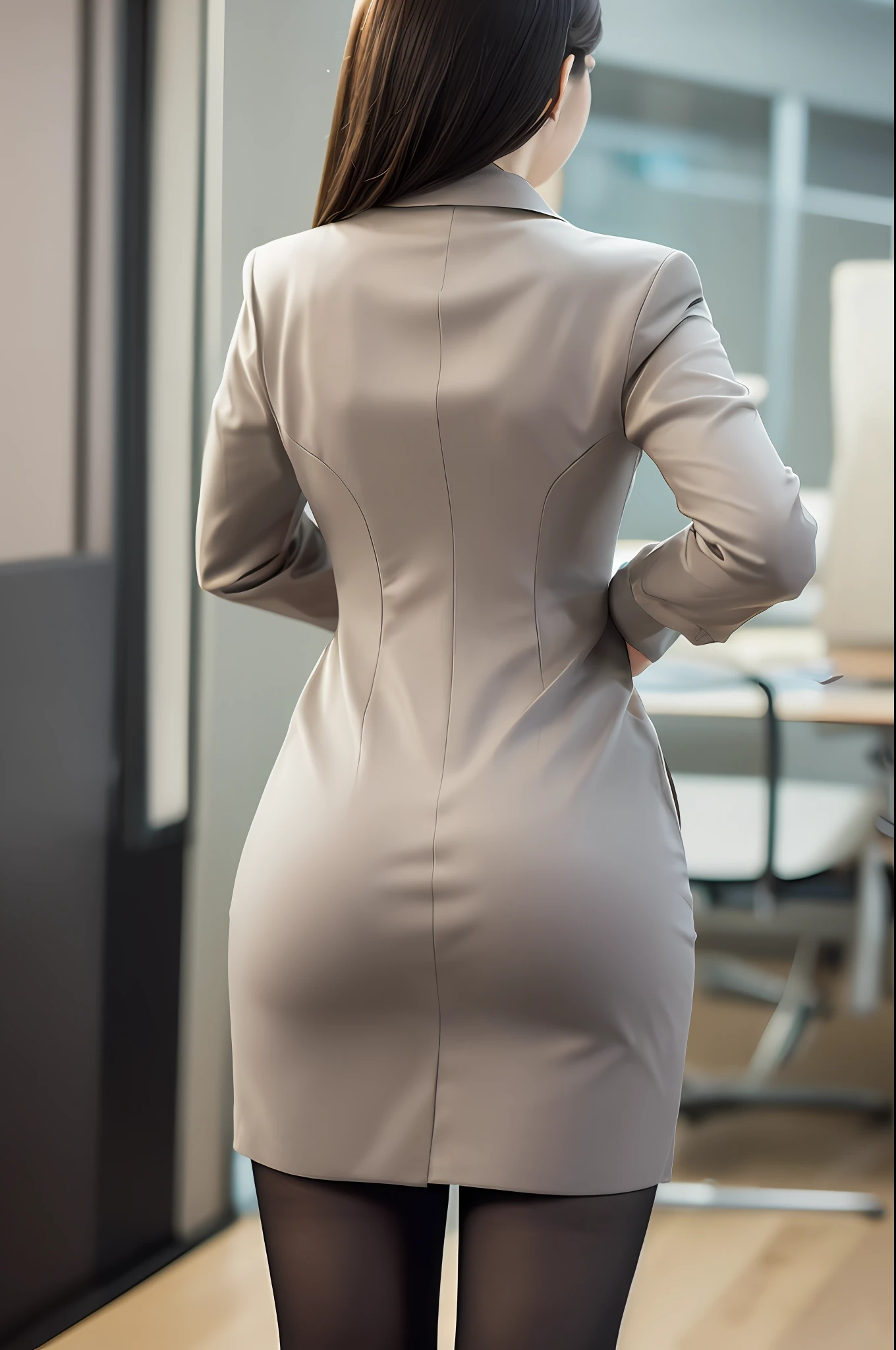 (Best quality: 1.1), (Realistic: 1.1), (Photography: 1.1), (highly details: 1.1), mix4, office room,Professional suits,black short skirt,black lence stockings,Watching from behind,hips focus,stooped,
