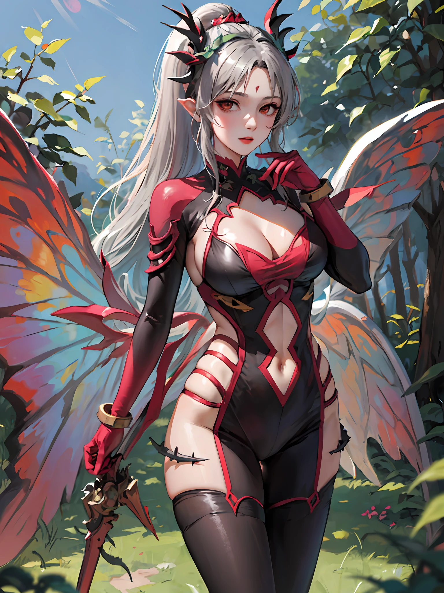 Masterpiece, absurderes, Best quality, standing, Pelvic curtain, Thorns, Wings, Large breasts, tightsuit, forest, Plumeria_Summer