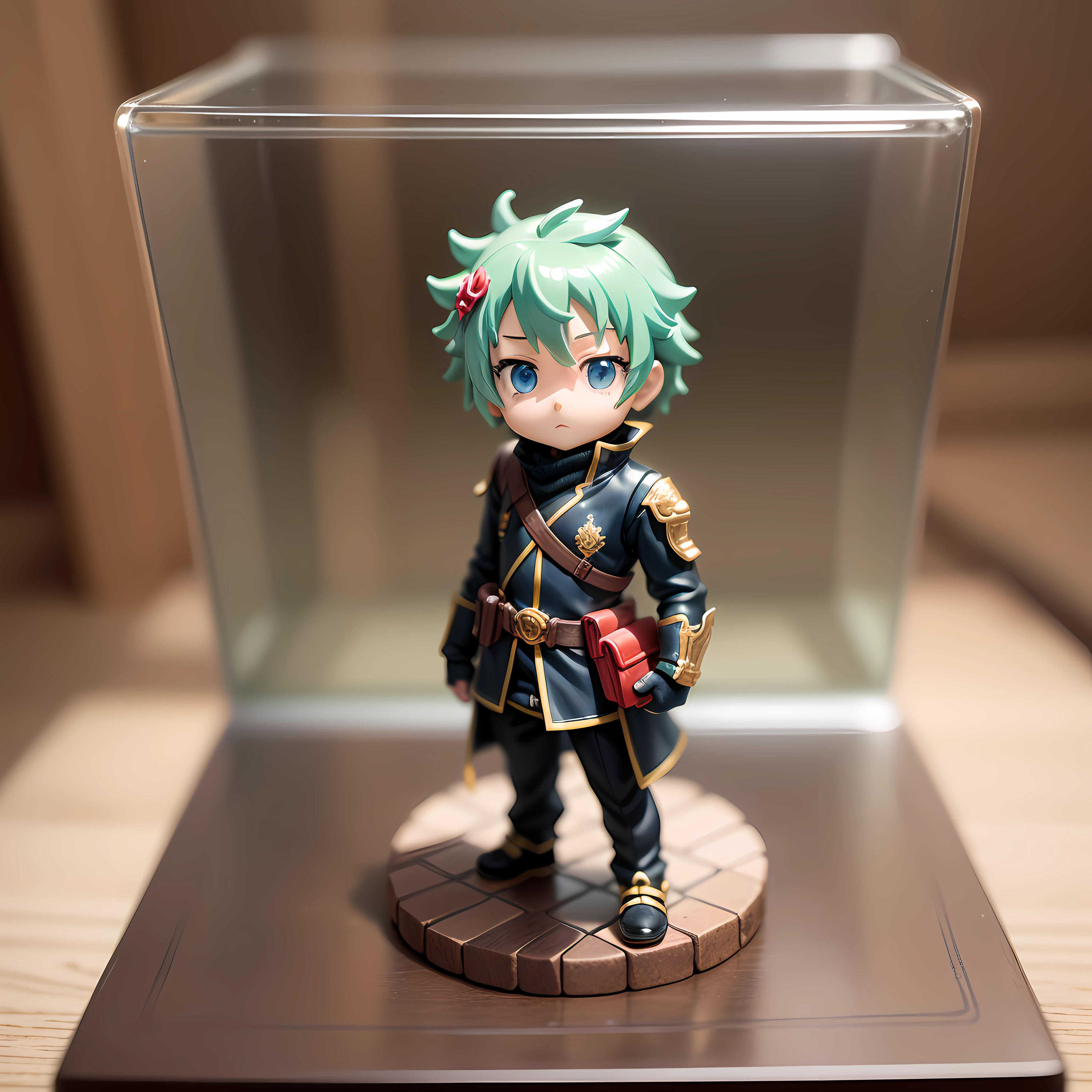 A small anime figurine, depicted as a heroic toy, inside a blind box, placed on a tiny pedestal, against a clean white background, illuminated by artificial light. The artwork is of top-notch photographic quality, capturing every intricate detail of the anime figurine.