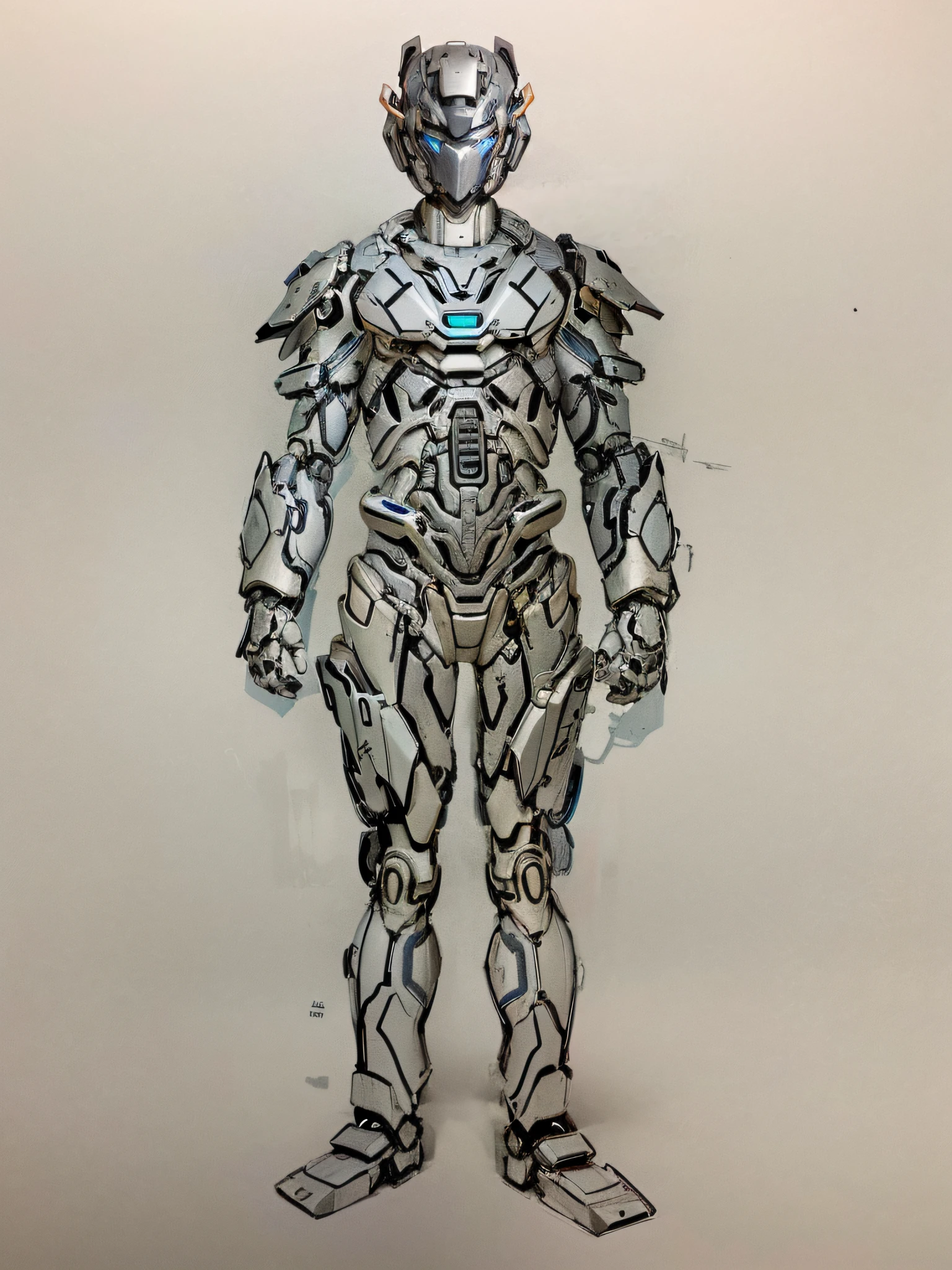 Drawing a robot with a helmet and a body made of metal, detailed full-body concept, full body concept, Concept armor, new costume concept design, sci fi character concept, Humanoid form, Mecha Inspiration, intricate assasin mecha armor, detailed humanoid, sci - fi character, armour merging with body, intricate mecha armor