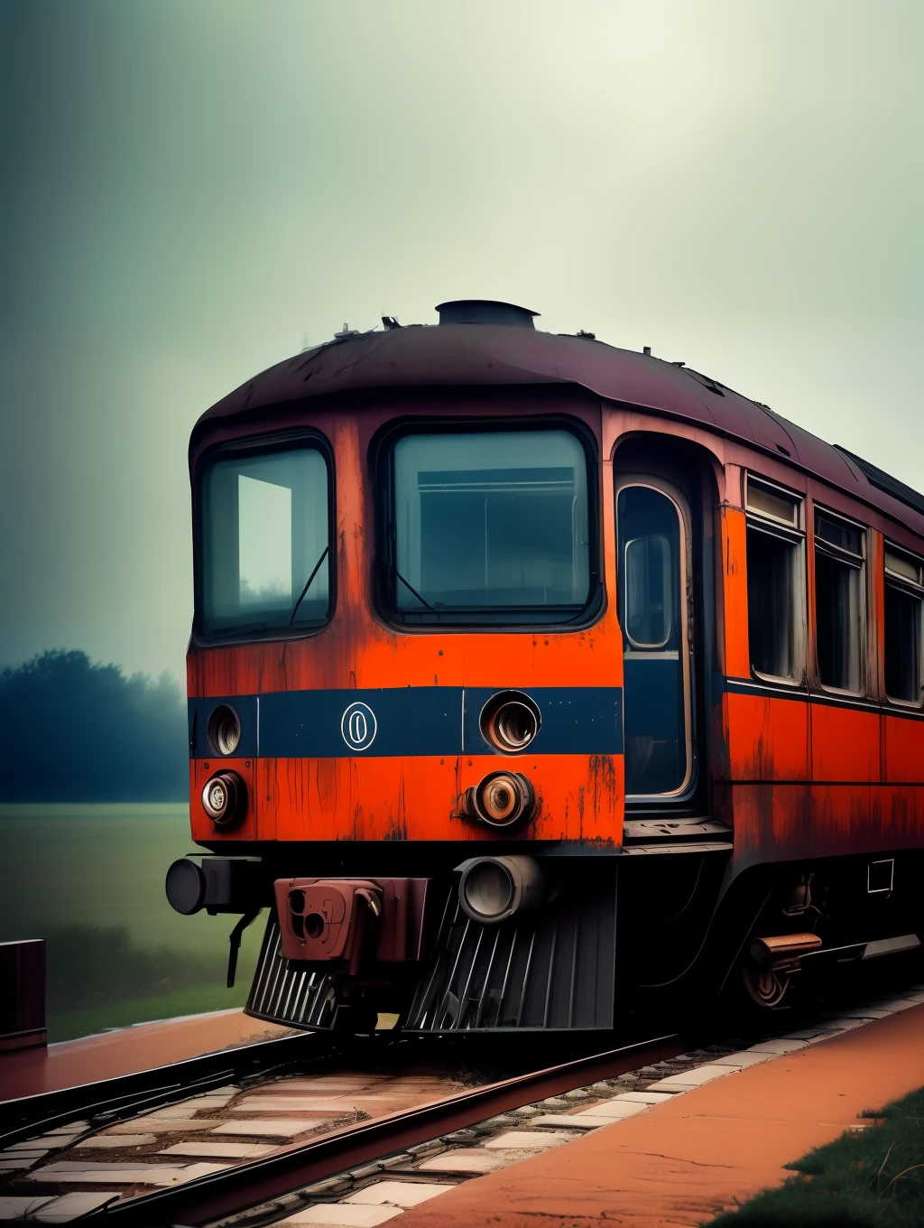 Photography of an abandoned and neglected old train in an old and abandoned train station, in the style of Felicia Simion and Peter Lik, pouring rain, cinematic lighting, dramatic scene