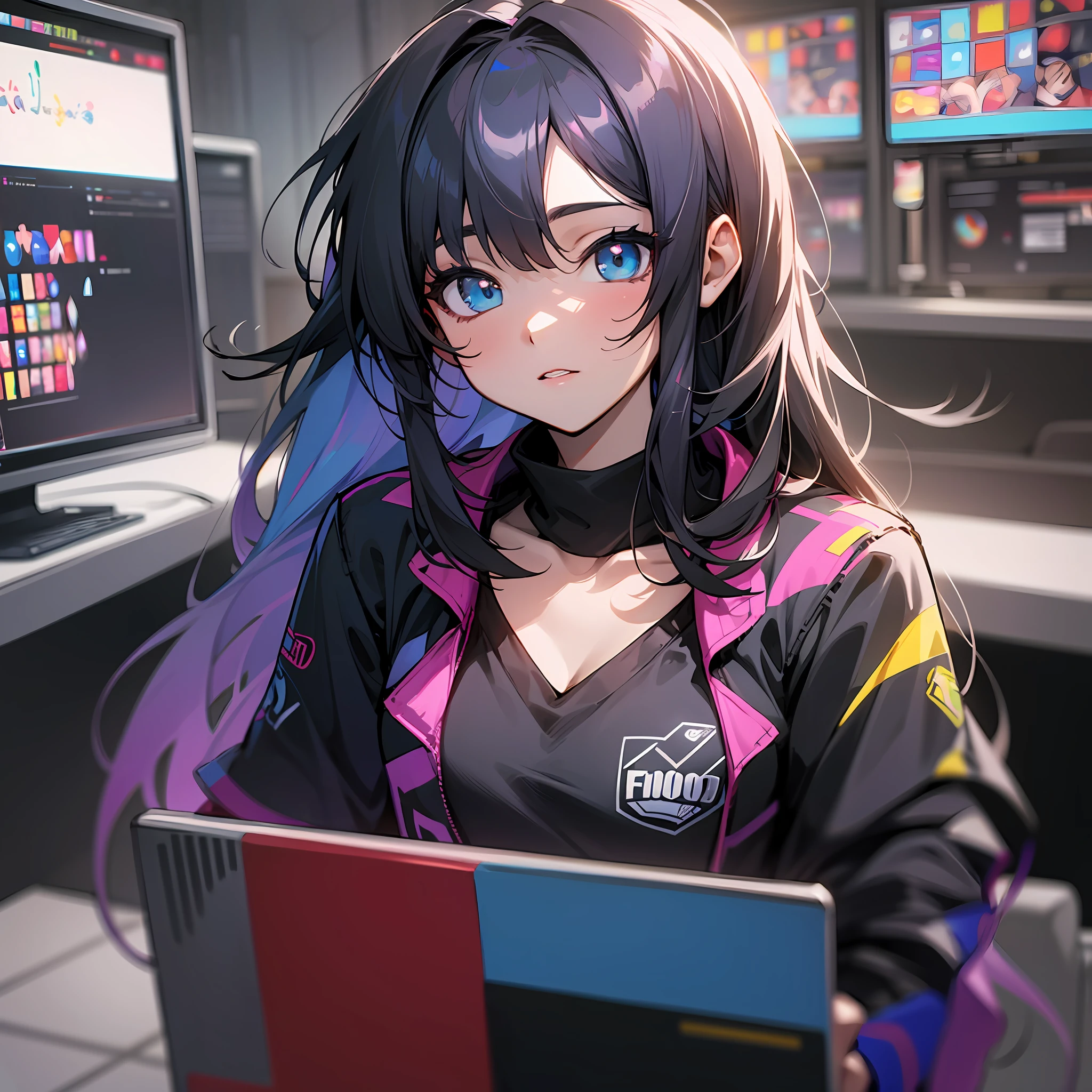 Melhor qualidade: 1.0), (super high res: 1.0), Anime negra, cabelo preto curto, olhos azuis, sentado na frente do computador jogando jogos, fundo na sala de esports, --auto --s2