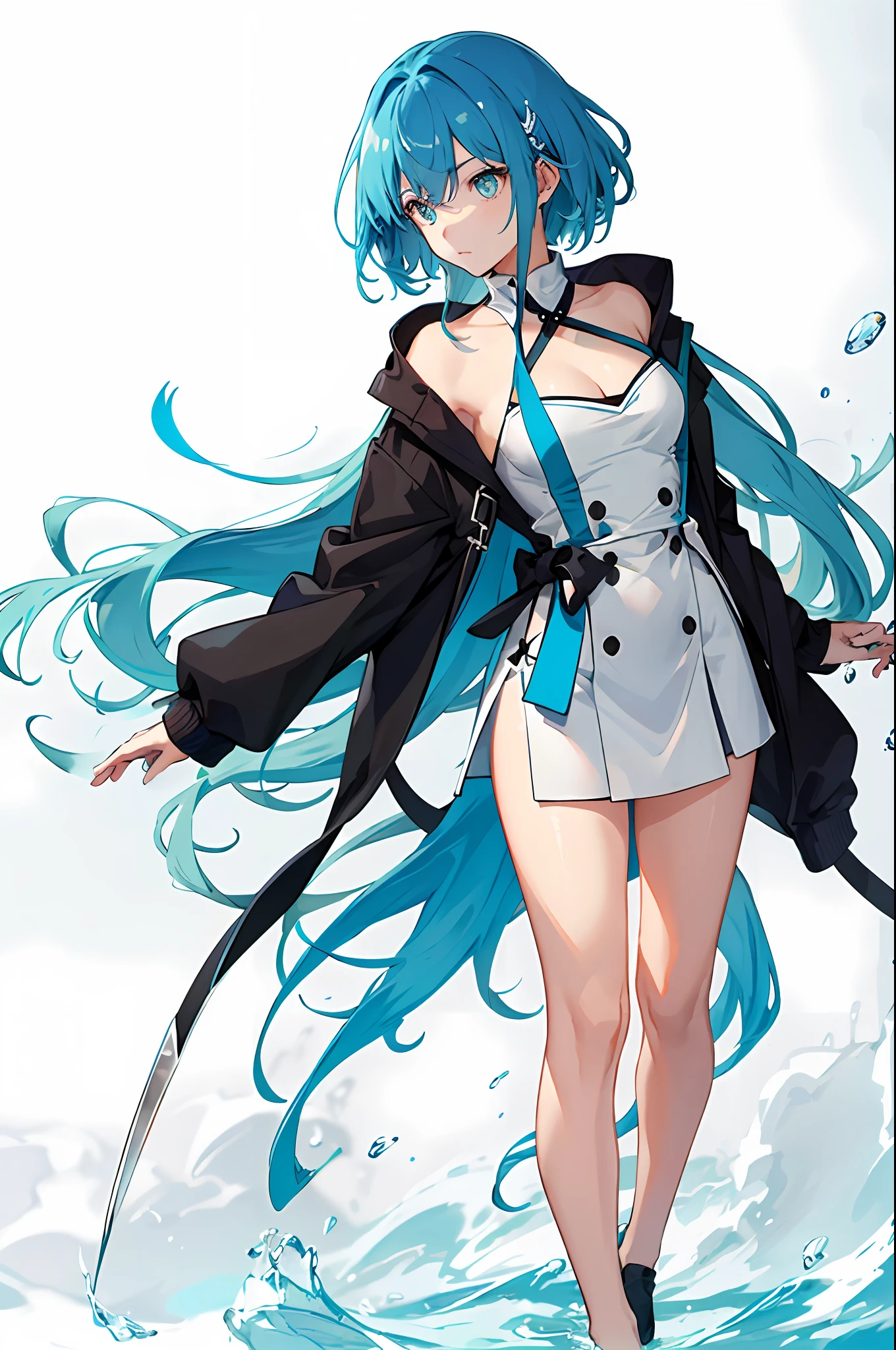 make,high detal,Hyper-Resolution,Pubic area is clear,Soft art)(look at side,Look to the left:1.3), 1girll, 独奏, standing on your feet, The upper part of the body, only face, closeup cleavage, light aqua hair, Water-colored eyes, , , (Colored inner hair, dark-blue hair:1.3), long whitr hair, wavey hair, Ji scissors, hair straight, Mane, Black sweater, high-necked, open neck collar, 鎖骨, simple backgound, white backgrounid, boring background, beatiful detailed eyes, Detailed hands, Sasuke's clothes, Sasuke shirt,There is a flame on the hand