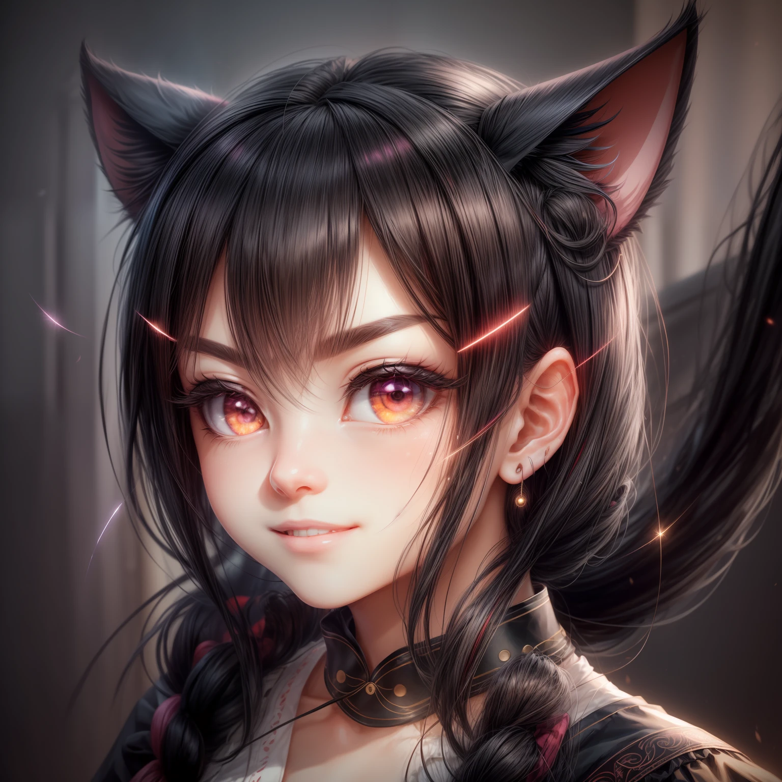 black hair, hair bobbles, wince, longeyelashes, solid circle eyes, fake animal ears, light smile, ear blush, fang, very long hair, forehead protector, multicolored eyes, cat ears, smile, Surrealism, drop shadow, anaglyph, stereogram, tachi-e, pov, atmospheric perspective, Surrealism, god rays, 8k, super detail, ccurate, best quality, textured skin --auto