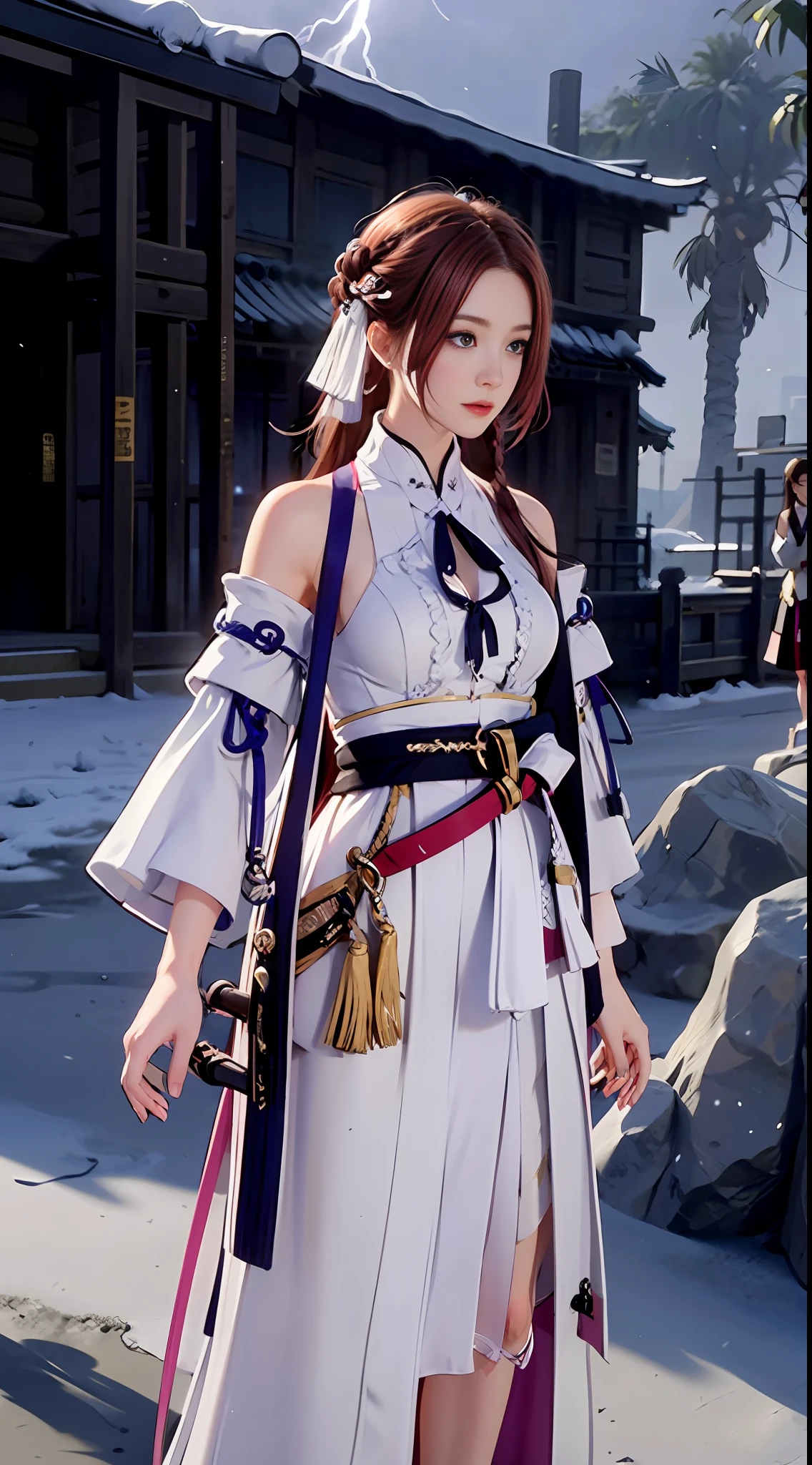A girl in a white dress holds a sword，Girl all over, White skin,Under lightning, Palace，Chinese-style architecture，Girl in white wears Chinese costume, Hair and robes flowing, photorealestic，storming，Flowing robes，very vey very detailed face