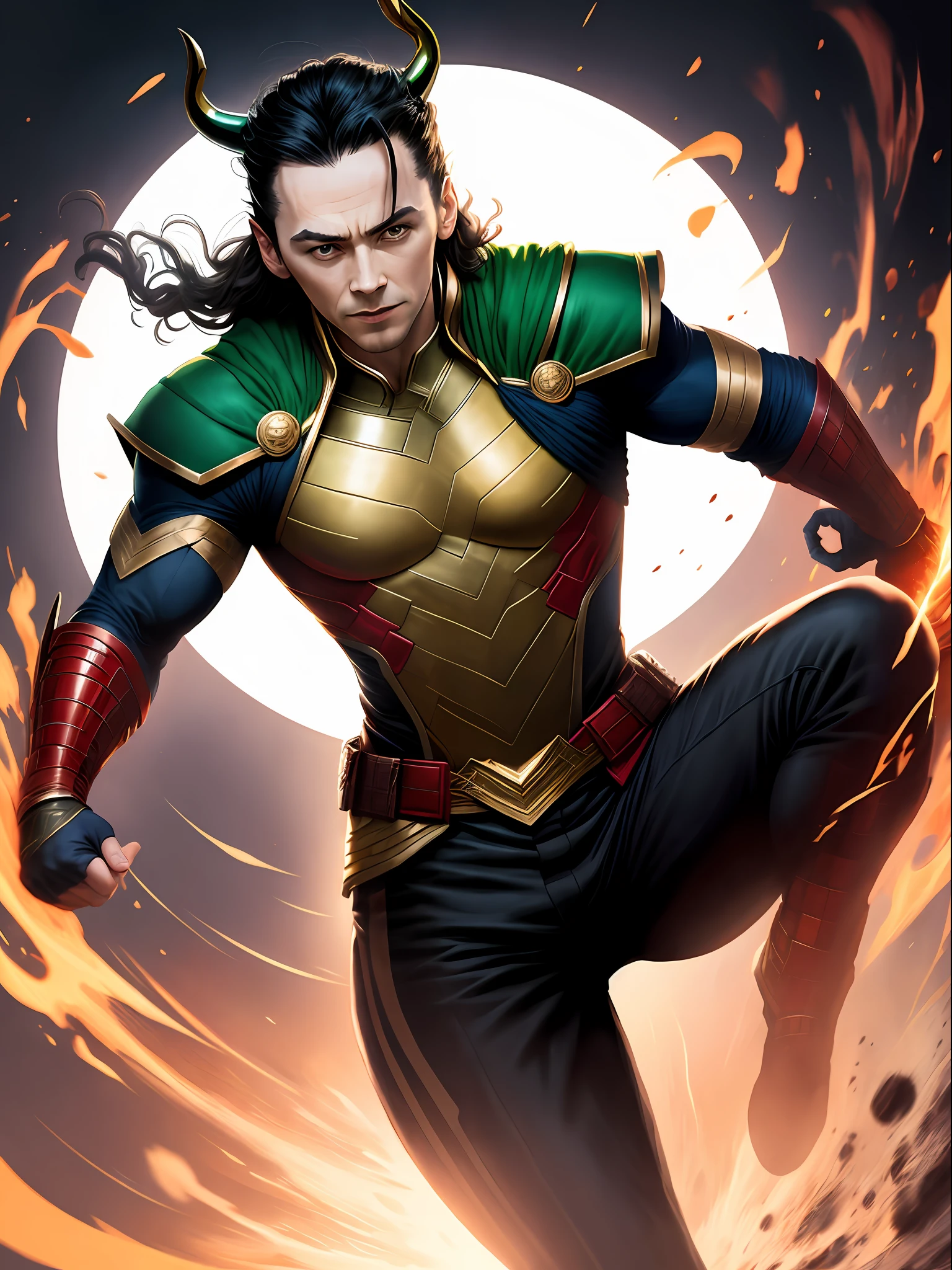 solo, masterpiece, best quality, medium shot of Loki god of mischief, marvel, fighting stance, dynamic angle