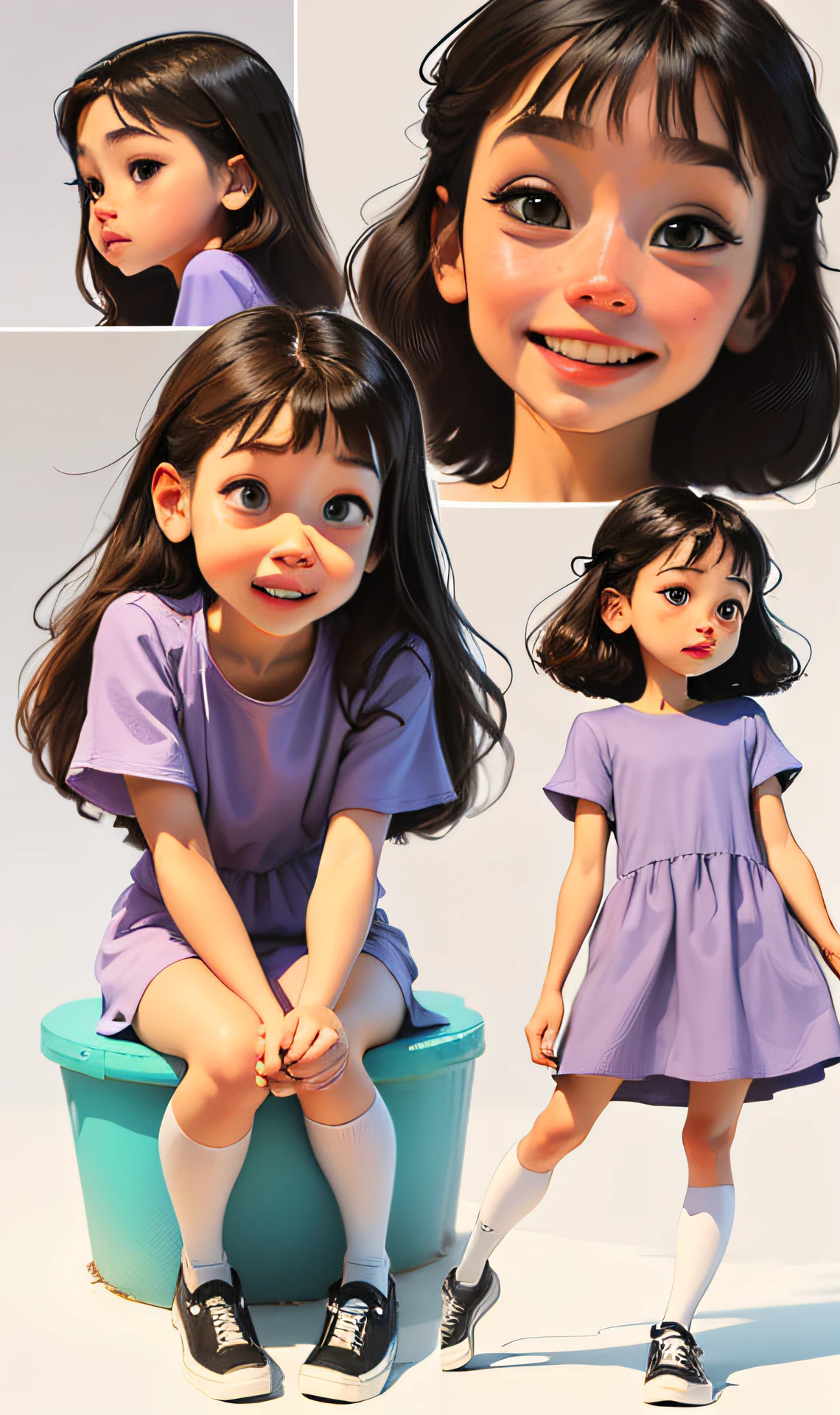 criar 8 imagens de uma , poses and expressions on a white background, Disney style children's book illustration, simples, fofo, 6 anos, sorridente, Cores, cabelos castanhos longos, Cor lisa, lilac dress and short sleeves, Sapatinhos, without a hat, sem livro, without glasses --auto