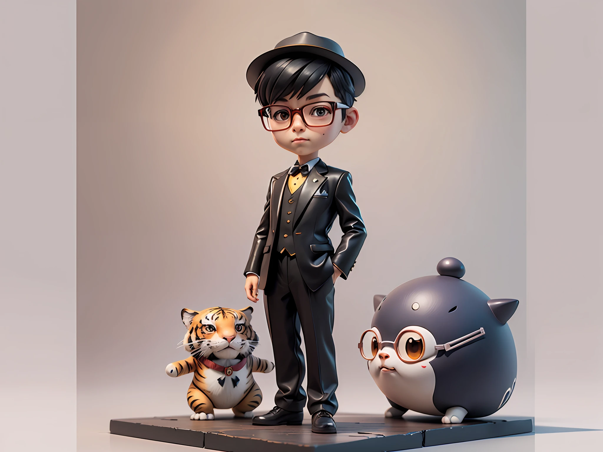 Young man with oriental face in leather hat, tiger, oriental face in formal suit, short black hair, silver glasses, digital painting, 3D character design by Mark Clairedon and Pixar and Hayao Miyazaki and Akira Toriyama, the illustration is a high-definition illustration in 4K resolution with very detailed facial features and cartoon-style visuals.