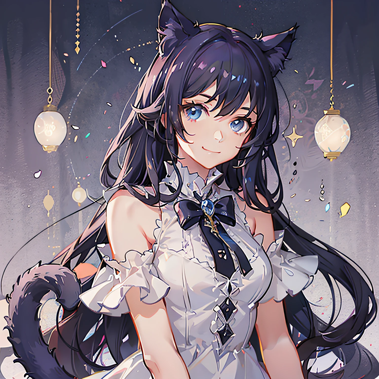 Girl, cute features, bright blue eyes, long dark purple hair, white light dress with cute decorations, calm smile, cat ears and tail