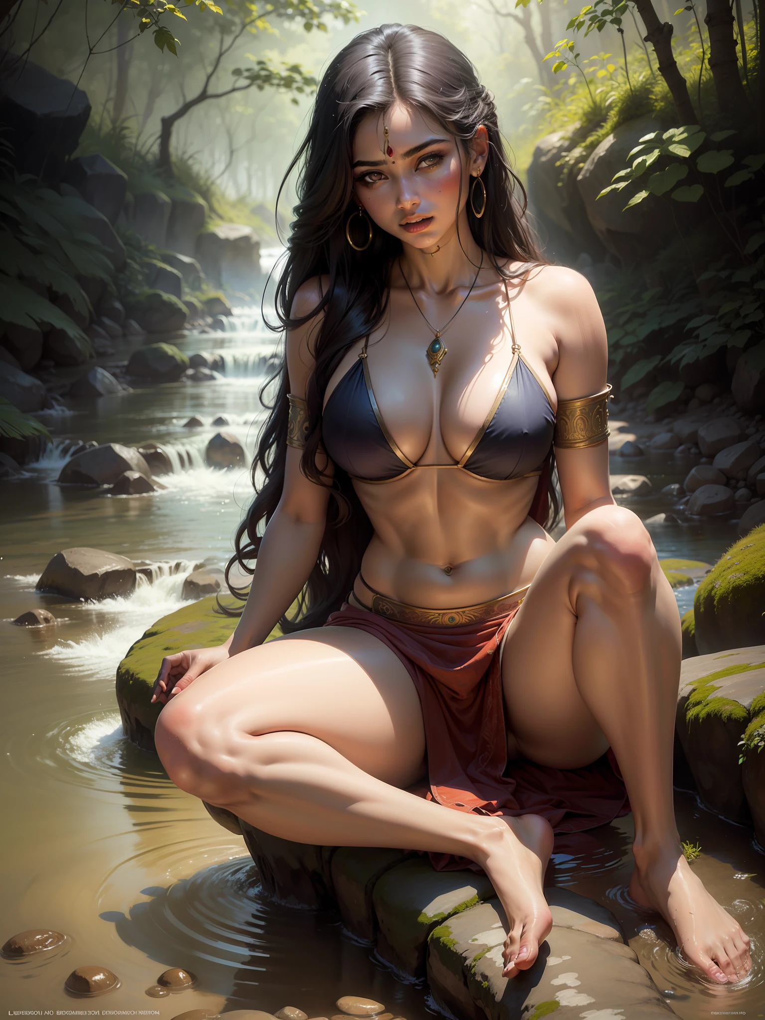 A young Indian woman, beautiful, long hair, large eyes,long legs, large breasts,wearing ancient indian skimpy clothes, sitting on a rock, by a stream washing herself, detailed, high resolution, by Luis royo, by Frank frazetta, by Boris vellejo --auto