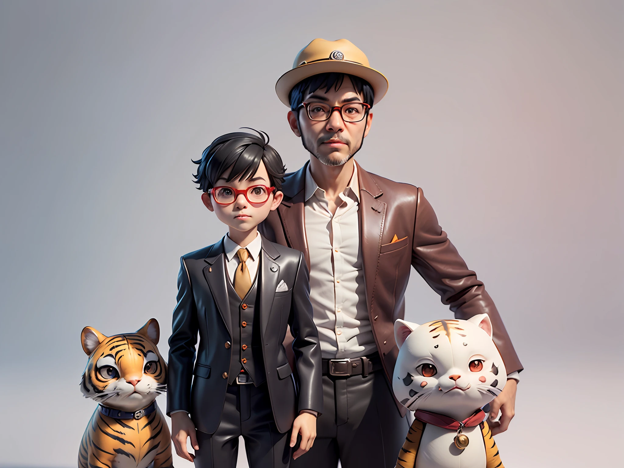 Young man with oriental face in leather hat, tiger, oriental face in formal suit, short black hair, silver glasses, digital painting, 3D character design by Mark Clairedon and Pixar and Hayao Miyazaki and Akira Toriyama, the illustration is a high-definition illustration in 4K resolution with very detailed facial features and cartoon-style visuals.
