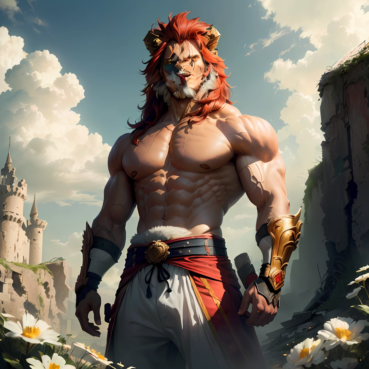 In ruins,Standing was a man covered in dark red thunderbolts,He is tall and tall,The upper body clothes are torn, revealing perfect muscle lines, like a war god fighting on the battlefield